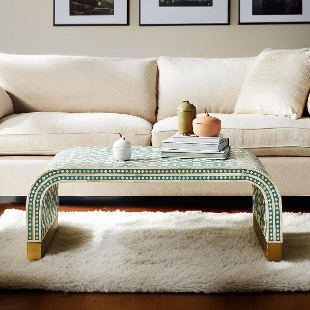 Moroccan Bone Inlay Coffee Table | Handmade U-Shape Resin Table for Boho Home Décor | Artistic Inlay Accent Furniture