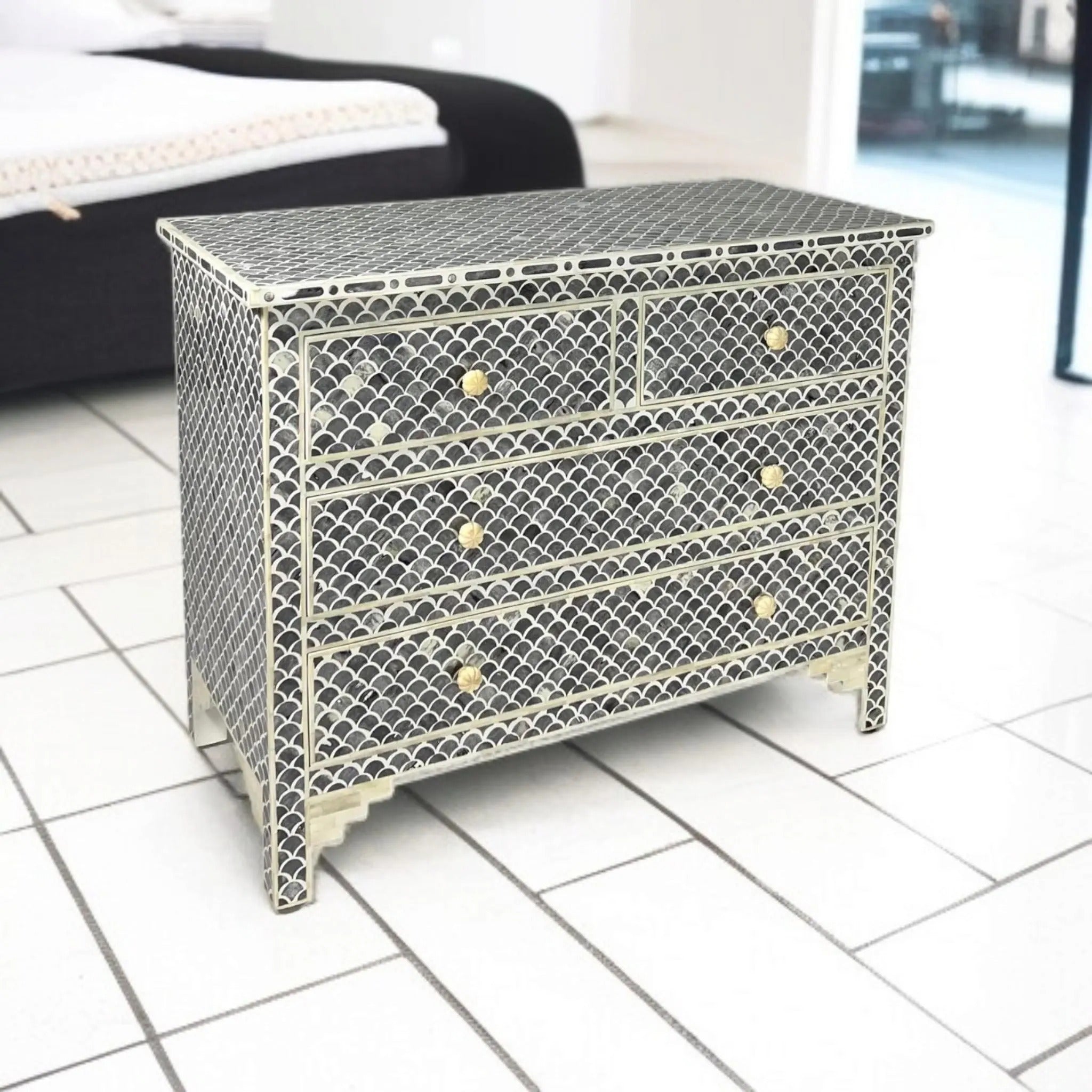 Handmade Bone Inlay Dresser in Black & White | Stylish Resin Chest of Drawers | Designer Inlay Storage Cabinet