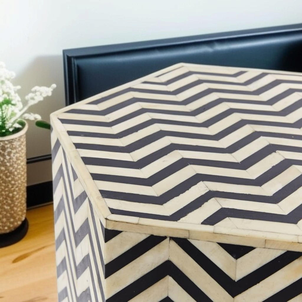 Bone Inlay End Table | Black & White Chevron Resin Side Table | Handmade Modern Accent Table for Living Room & Bedroom