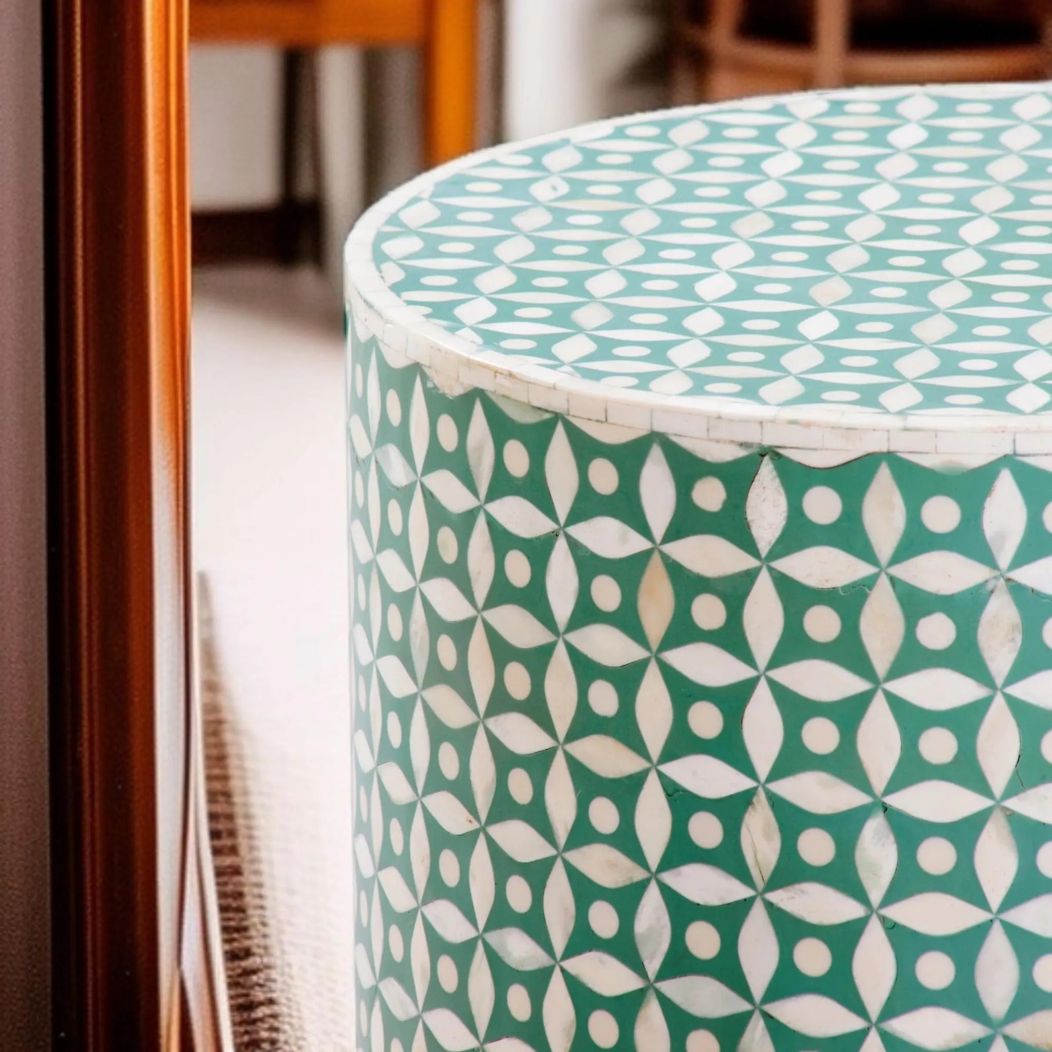Floral Geometric Green Bone Inlay Side Table | Handmade Accent Table | Elegant Side Table for Bedroom & Living Room