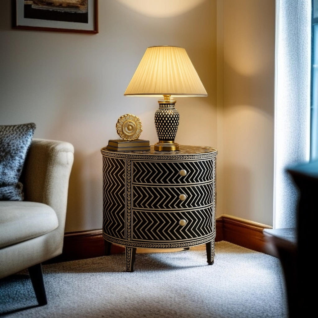 Handmade Bone Inlay Nightstand | Chevron Pattern Accent Table with 3 Drawers | Stylish Decorative Furniture for Modern Homes