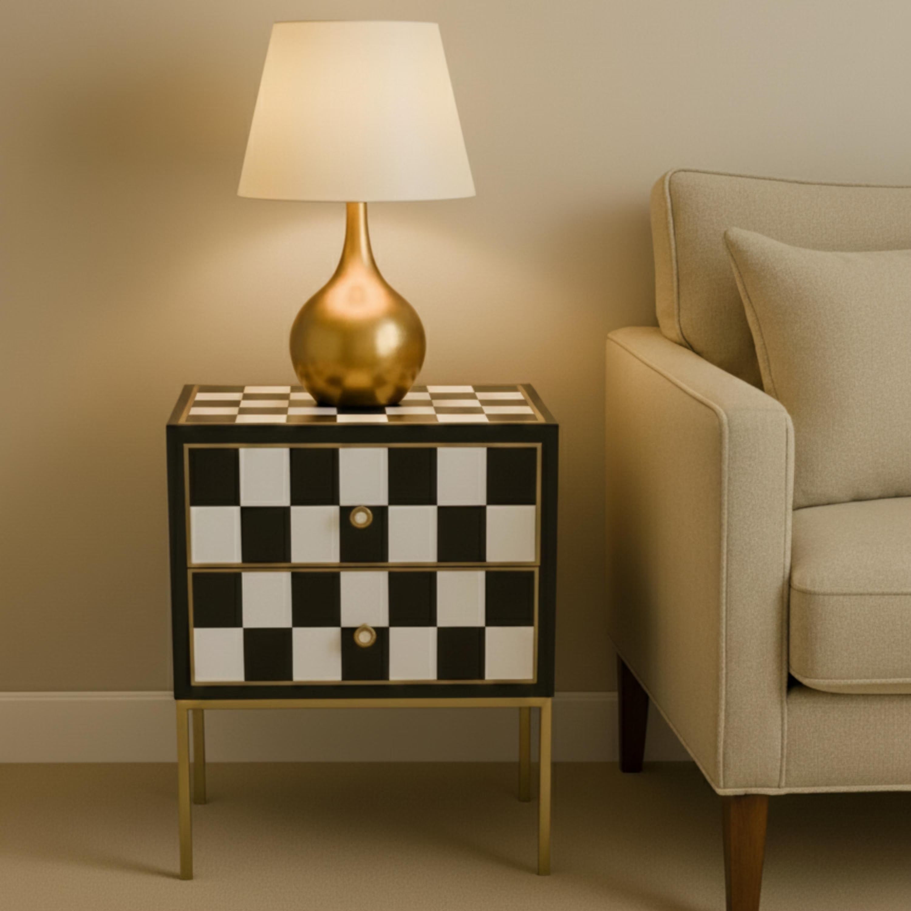 Resin Nightstand | Black & White Bedside Table with Gold Legs | Handmade Modern Accent Table for Bedroom & Living Room
