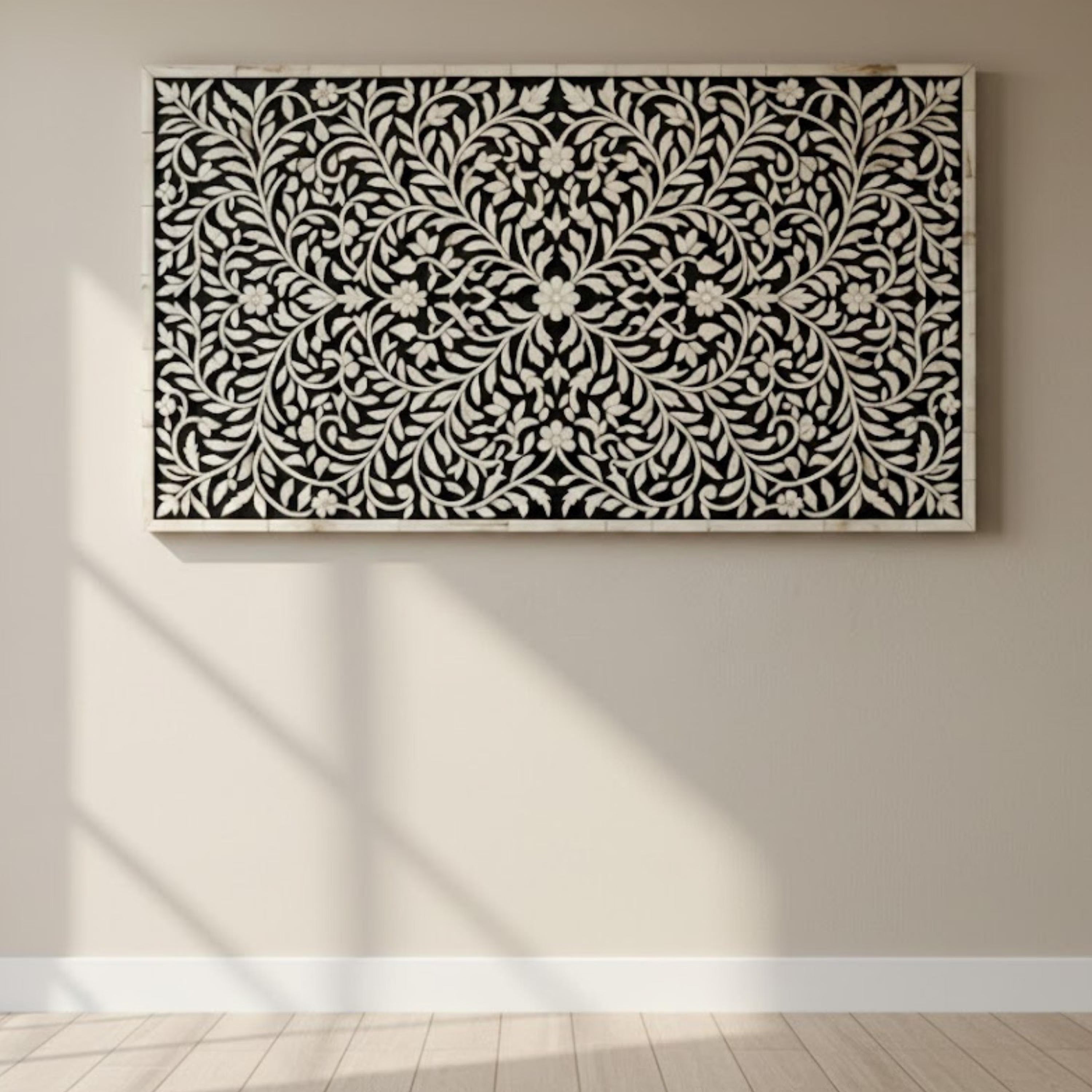 Handmade Bone Inlay Floral Wall Art Panel | Black & White Mandala Design | Decorative Resin Wall Hanging for Living Room, Bedroom & Hallway