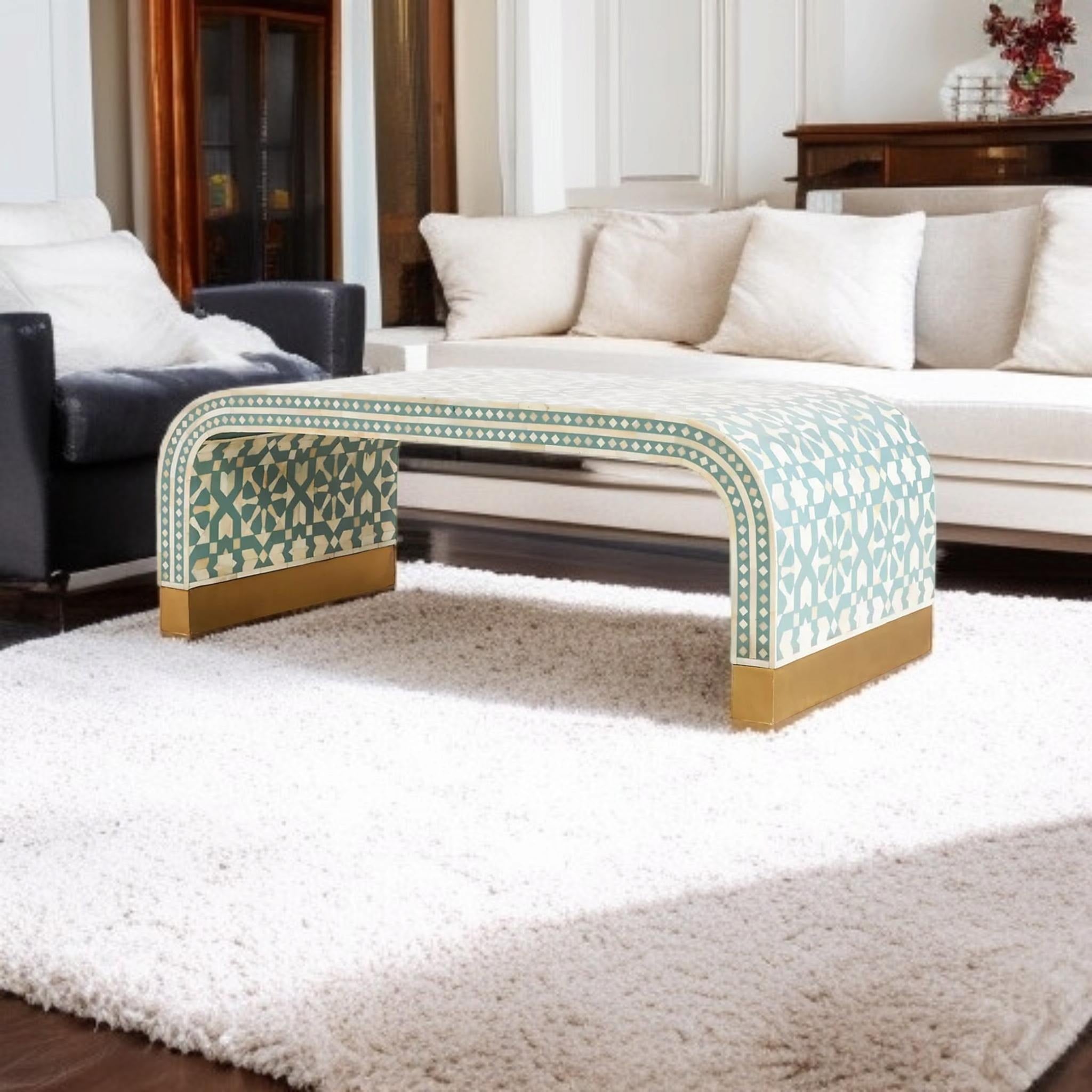 Moroccan Bone Inlay Coffee Table | Handmade U-Shape Resin Table for Boho Home Décor | Artistic Inlay Accent Furniture