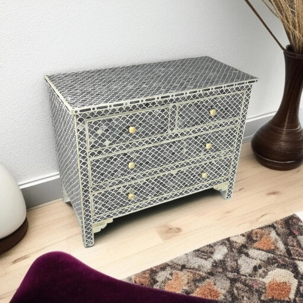 Handmade Bone Inlay Dresser in Black & White | Stylish Resin Chest of Drawers | Designer Inlay Storage Cabinet