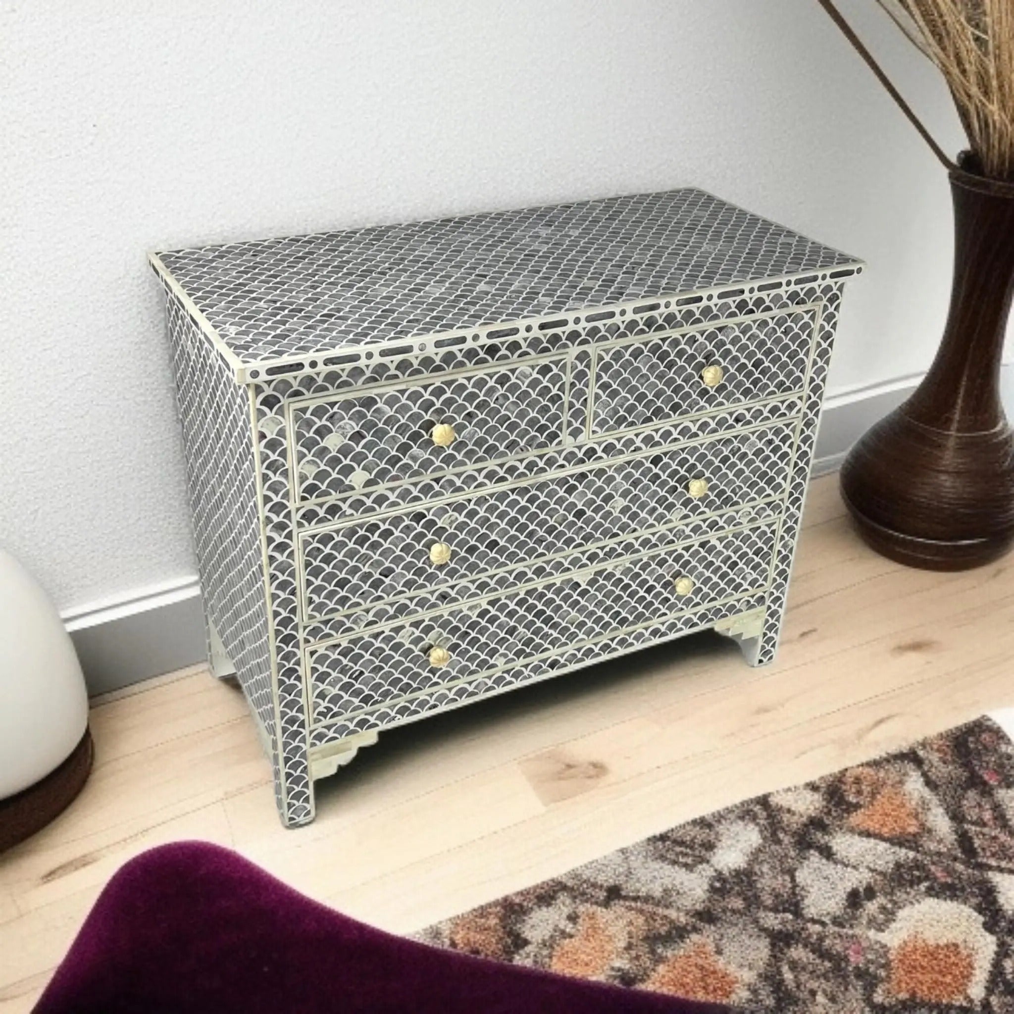 Handmade Bone Inlay Dresser in Black & White | Stylish Resin Chest of Drawers | Designer Inlay Storage Cabinet