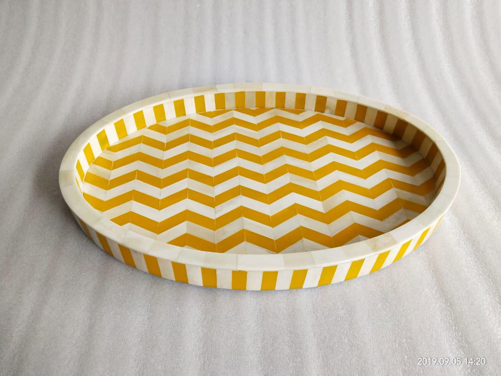 Handcrafted Bone Inlay Serving Tray | Black & White Chevron Resin Design | Stylish Decorative Table Tray