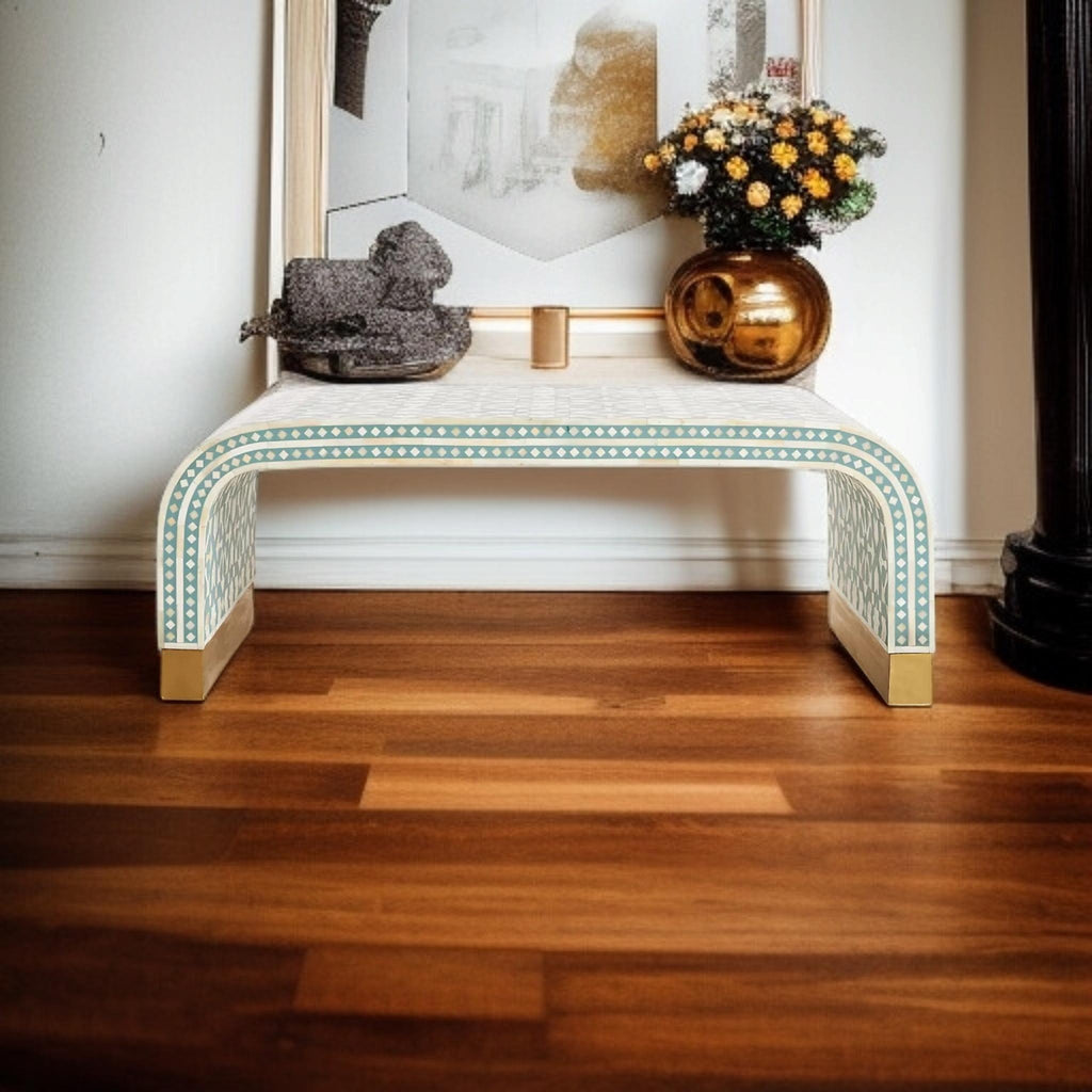 Moroccan Bone Inlay Coffee Table | Handmade U-Shape Resin Table for Boho Home Décor | Artistic Inlay Accent Furniture