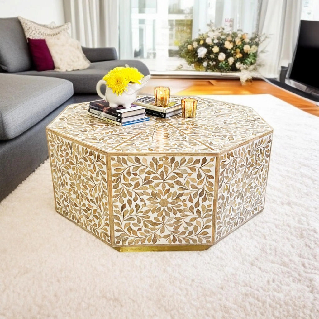 Wooden Leaf Inlay Resin Accent Table | Octagonal Designer Coffee Table for Home | Handcrafted Modern Resin Furniture Piece