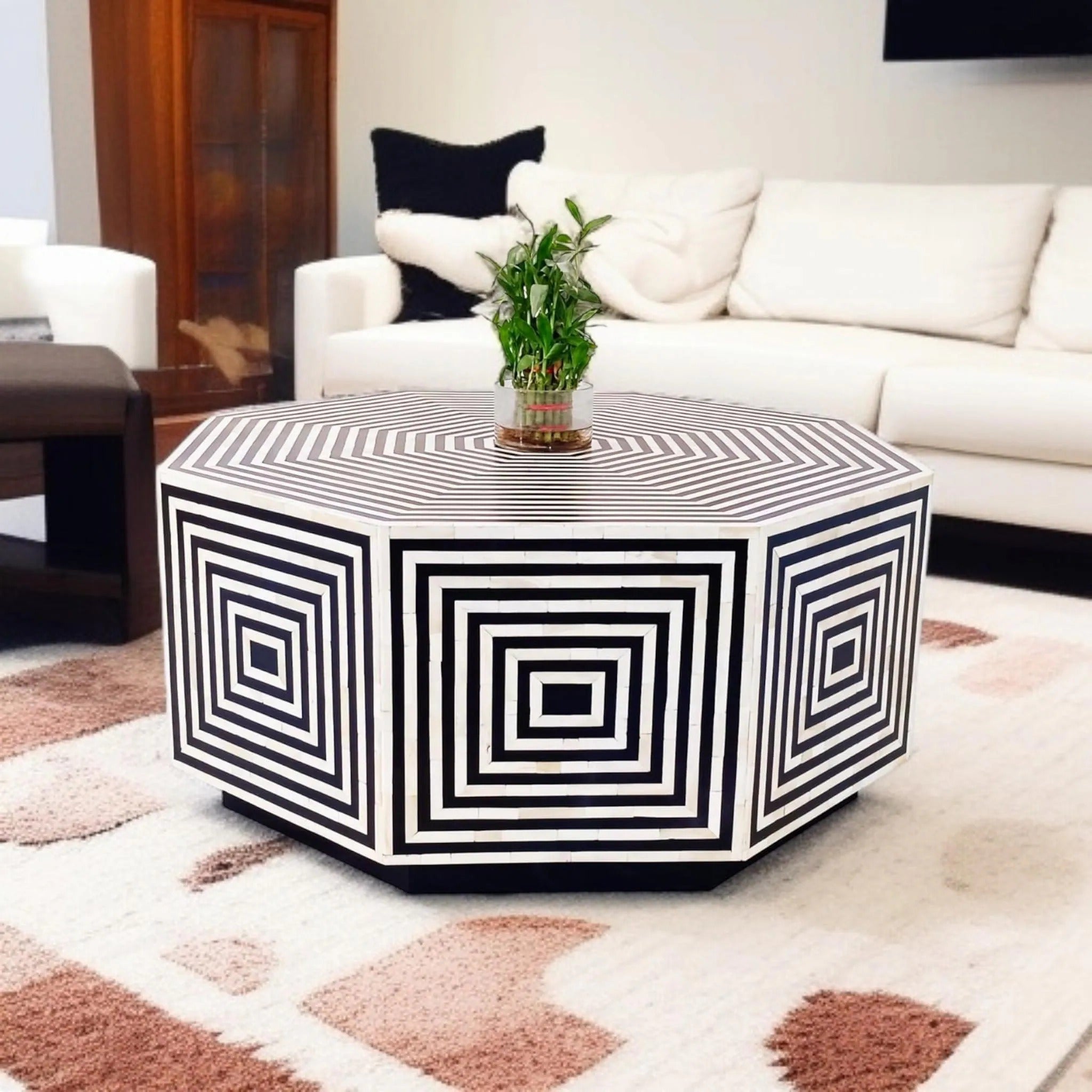 Handmade Bone Inlay Coffee Table | Octagonal Geometric Resin Inlay Design | Premium Decorative Center Table
