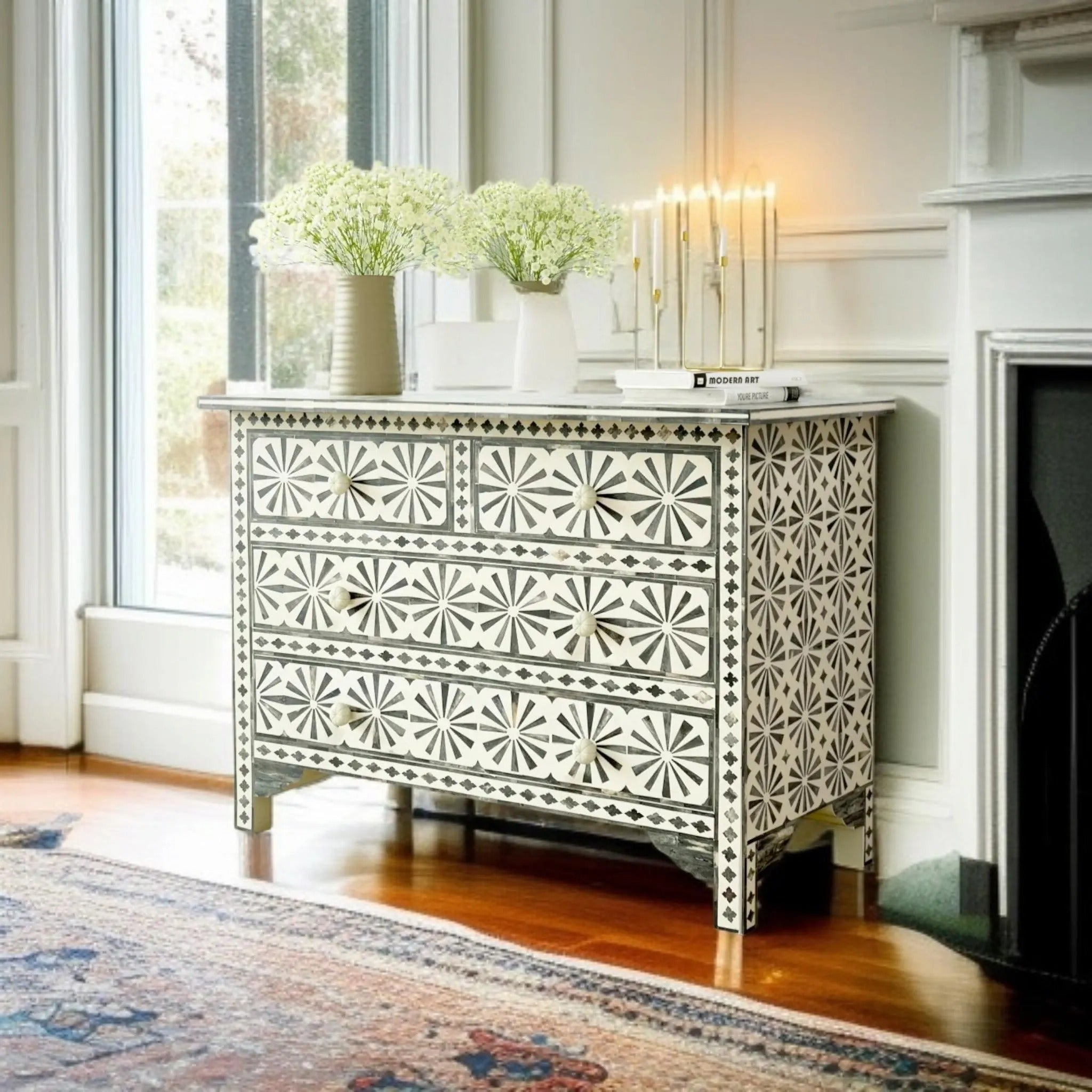 Floral Bone Inlay Dresser | Handmade Decorative Storage Chest for Bedroom & Living Room | Luxury Bone Inlay Furniture with Floral Design