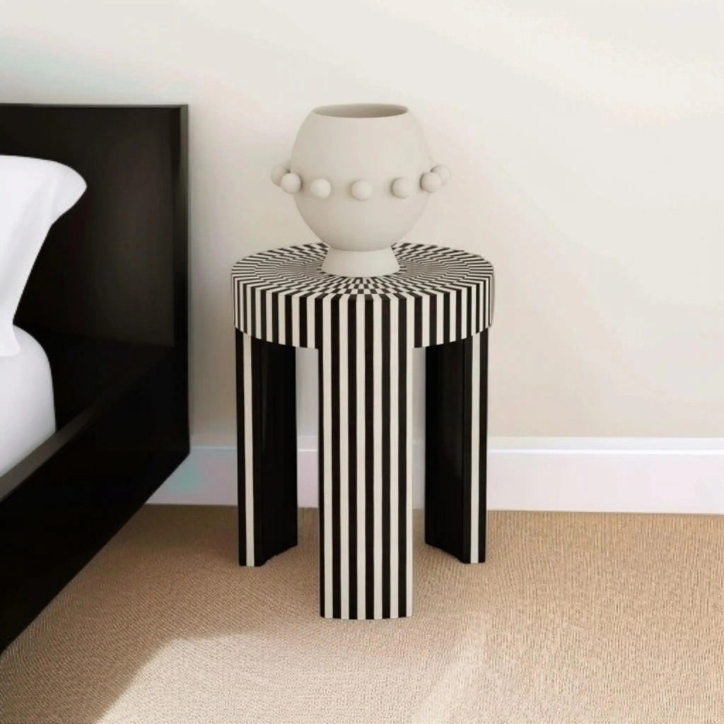 Handcrafted Bone Inlay Round End Table | Boho Side Table for Living Room & Bedroom | Luxury Indian Handmade Furniture