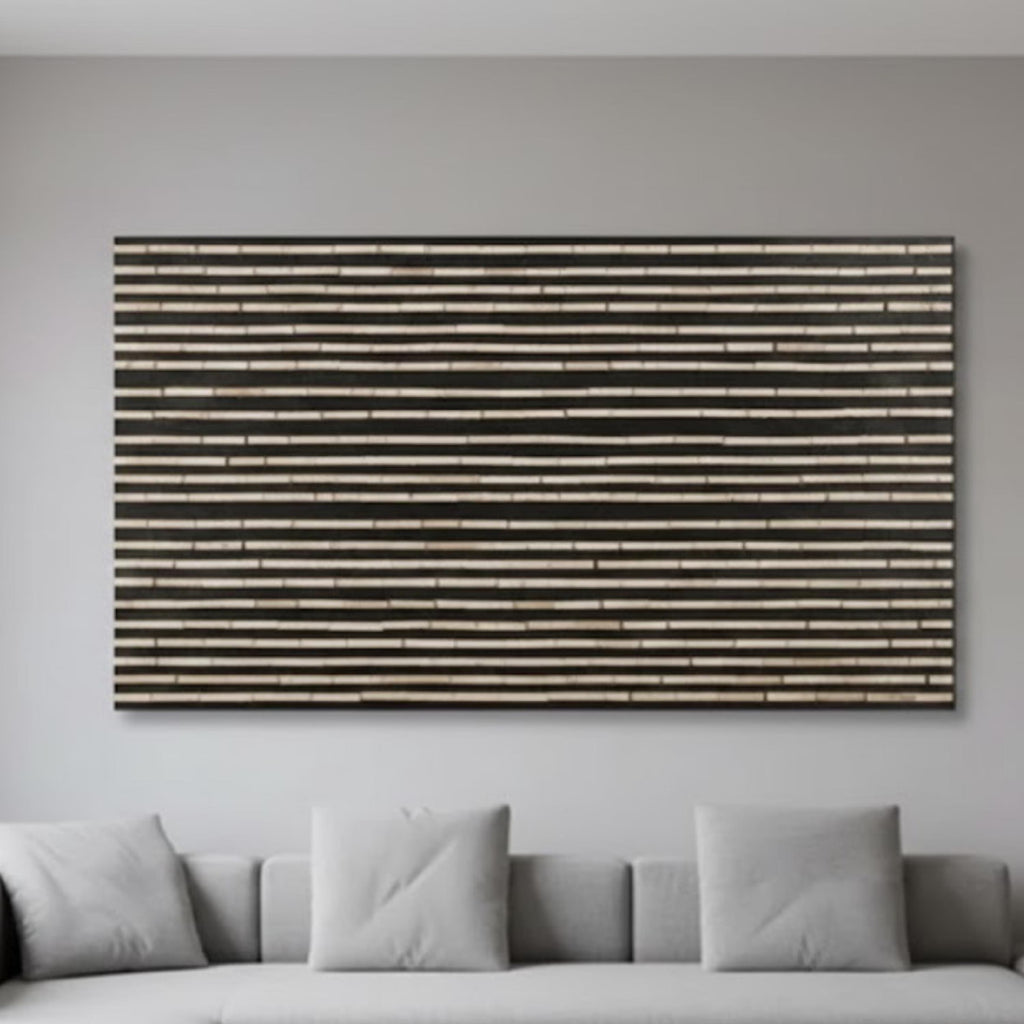 Handmade Bone Inlay Striped Wall Art | Minimalist Black & White Resin Panel for Contemporary Home Decor, Living Room Accent Walls
