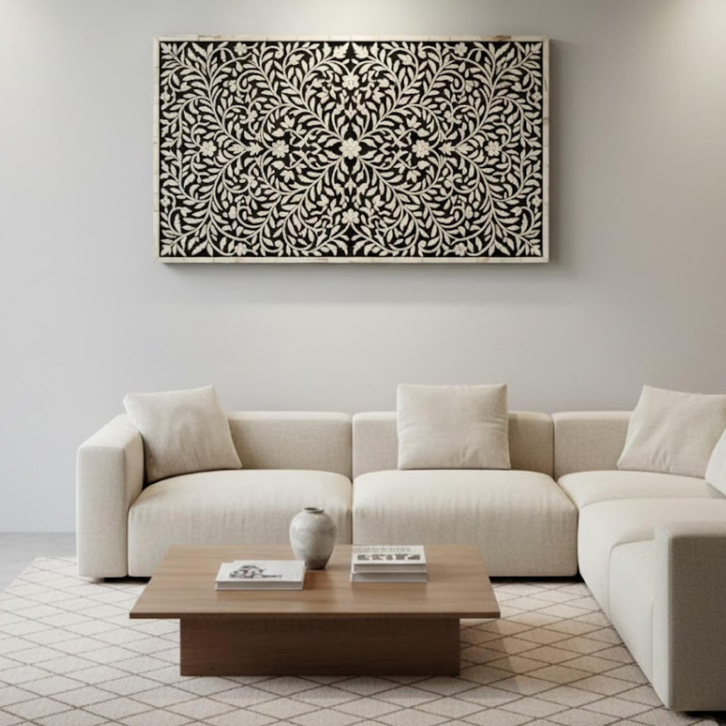 Handmade Bone Inlay Floral Wall Art Panel | Black & White Mandala Design | Decorative Resin Wall Hanging for Living Room, Bedroom & Hallway