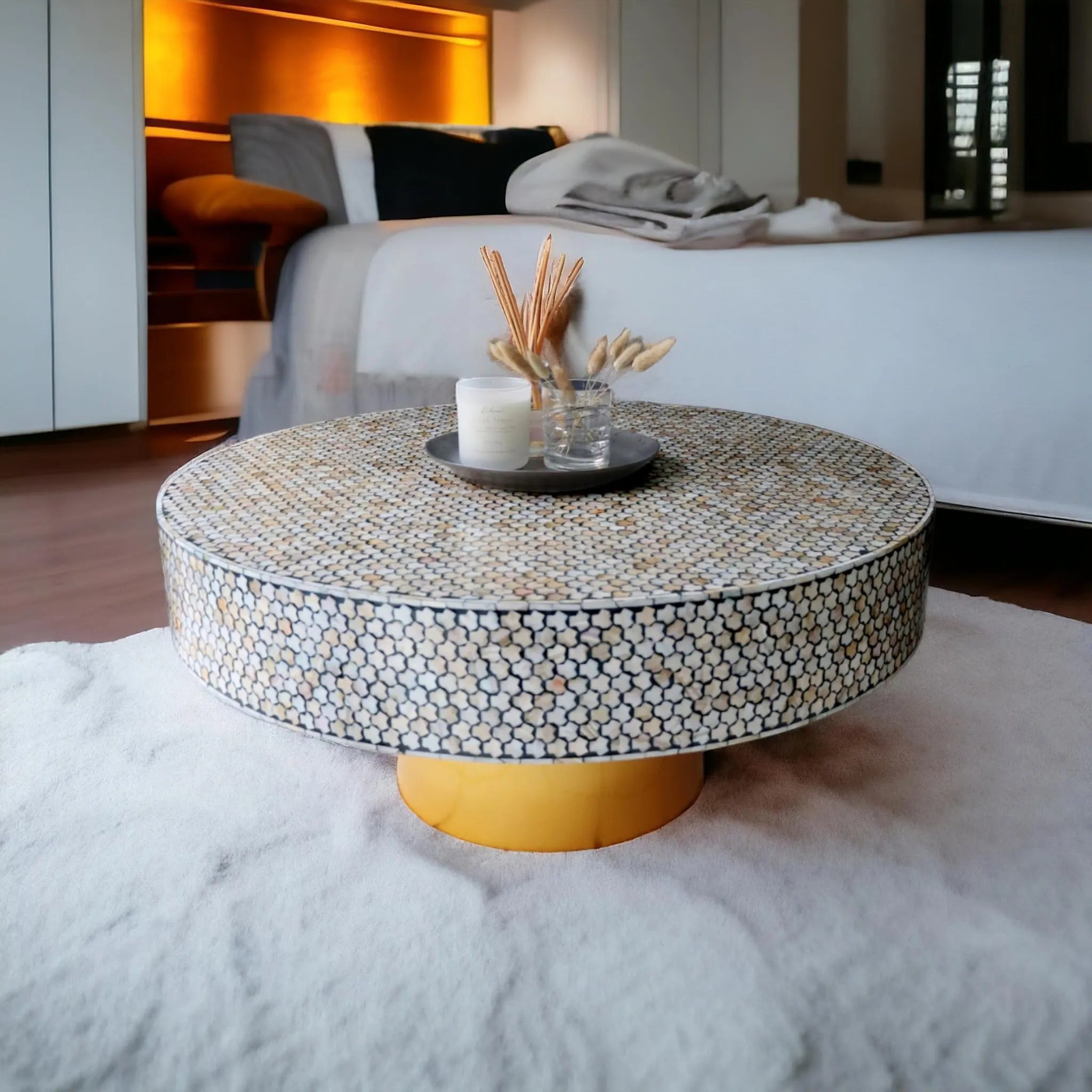 Round MOP Inlay Coffee Table | Handmade Gold Accent Table for Home Décor | Elegant Mother of Pearl Inlay Center Table
