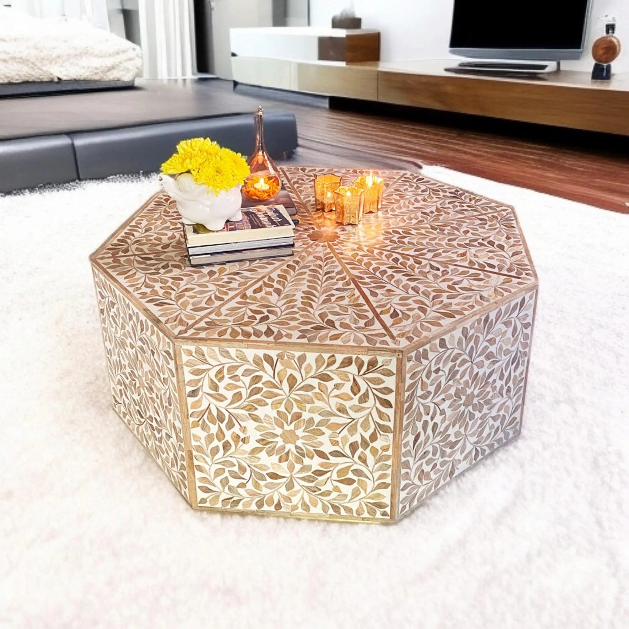 Wooden Leaf Inlay Resin Accent Table | Octagonal Designer Coffee Table for Home | Handcrafted Modern Resin Furniture Piece