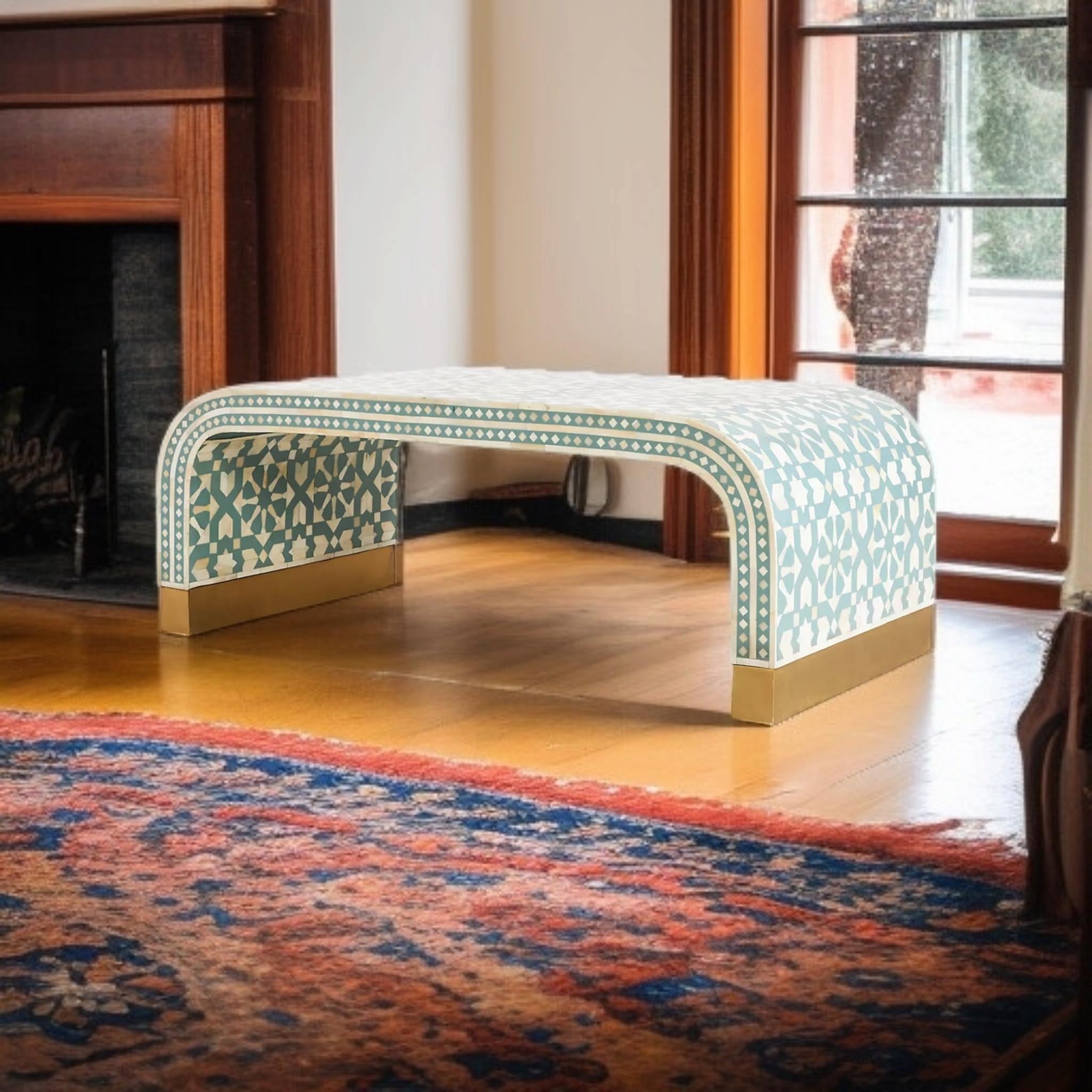 Moroccan Bone Inlay Coffee Table | Handmade U-Shape Resin Table for Boho Home Décor | Artistic Inlay Accent Furniture