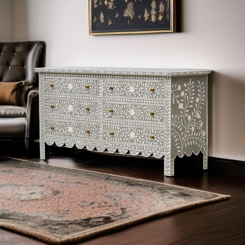 6-Drawer Bone Inlay Dresser | Boho Bedroom Storage Chest | Handmade Decorative Inlay Furniture for Modern Homes