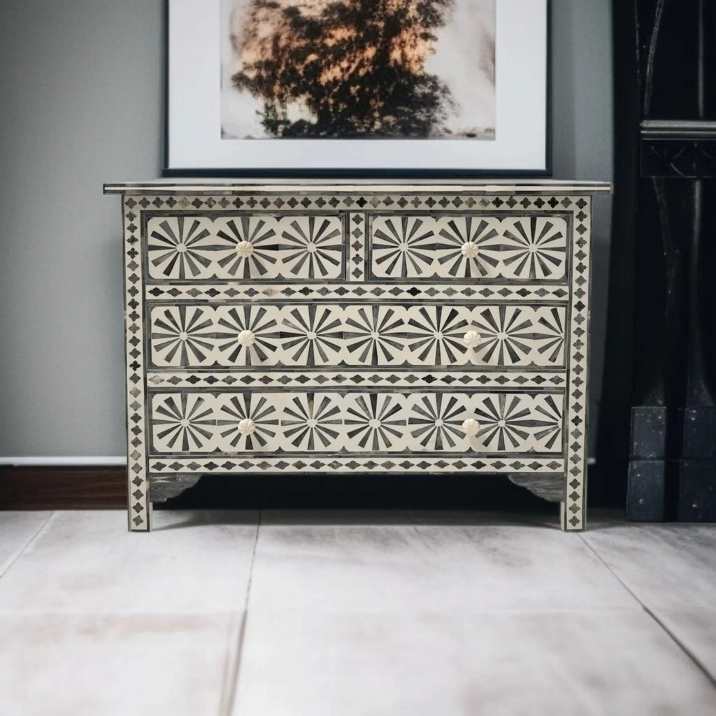 Floral Bone Inlay Dresser | Handmade Decorative Storage Chest for Bedroom & Living Room | Luxury Bone Inlay Furniture with Floral Design