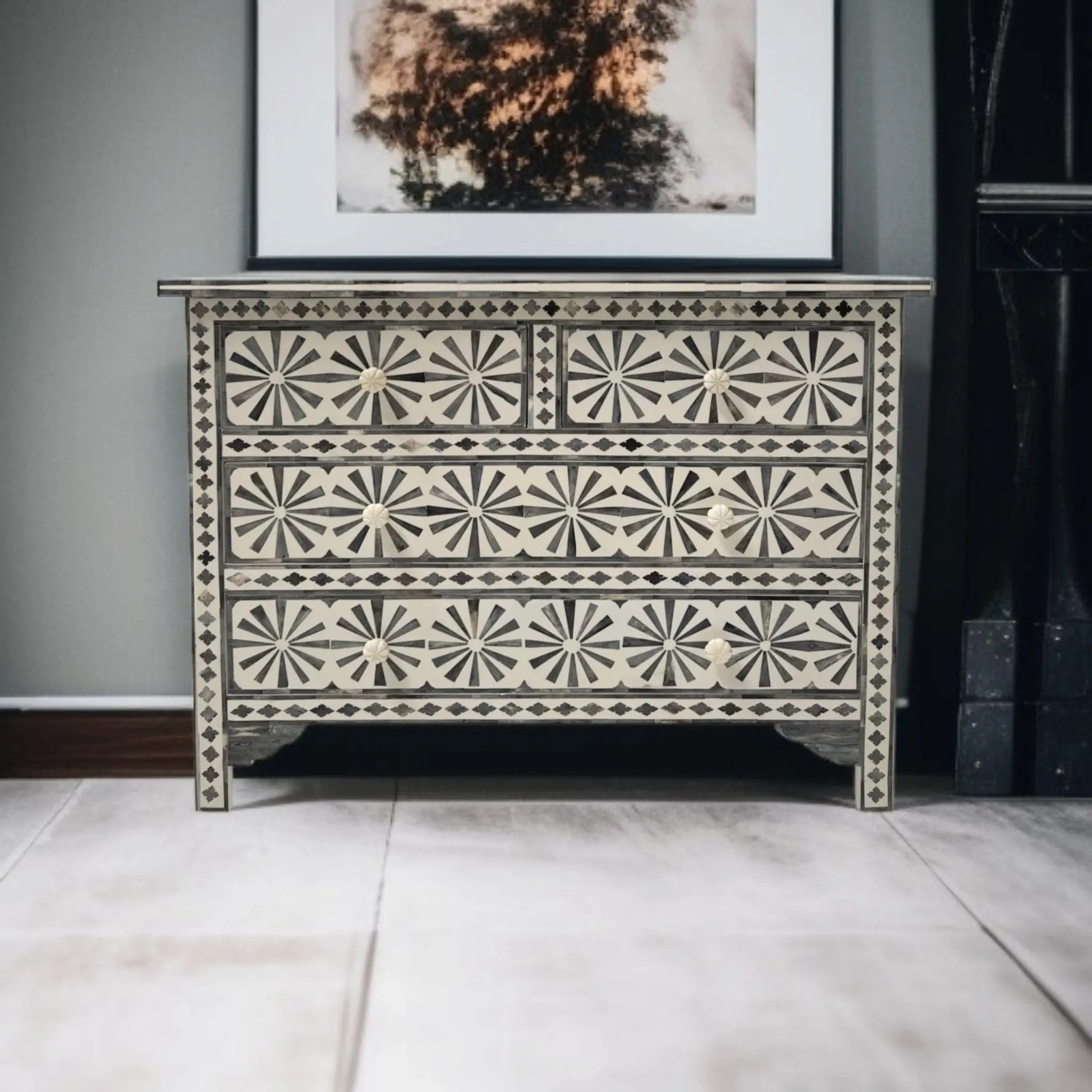 Floral Bone Inlay Dresser | Handmade Decorative Storage Chest for Bedroom & Living Room | Luxury Bone Inlay Furniture with Floral Design