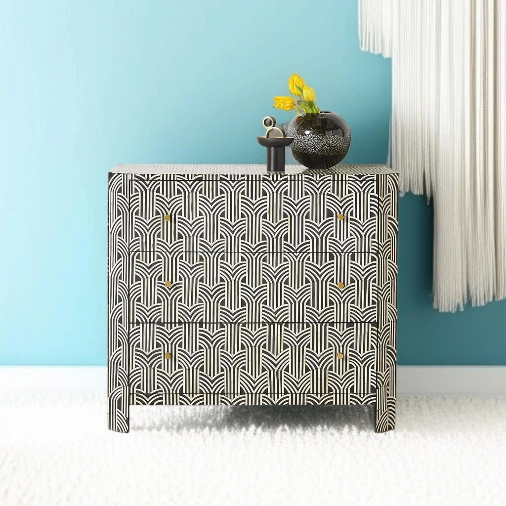 Bone Inlay Dresser | Modern Geometric 3-Drawer Chest | Handmade Designer Storage Cabinet for Bedroom & Living Room
