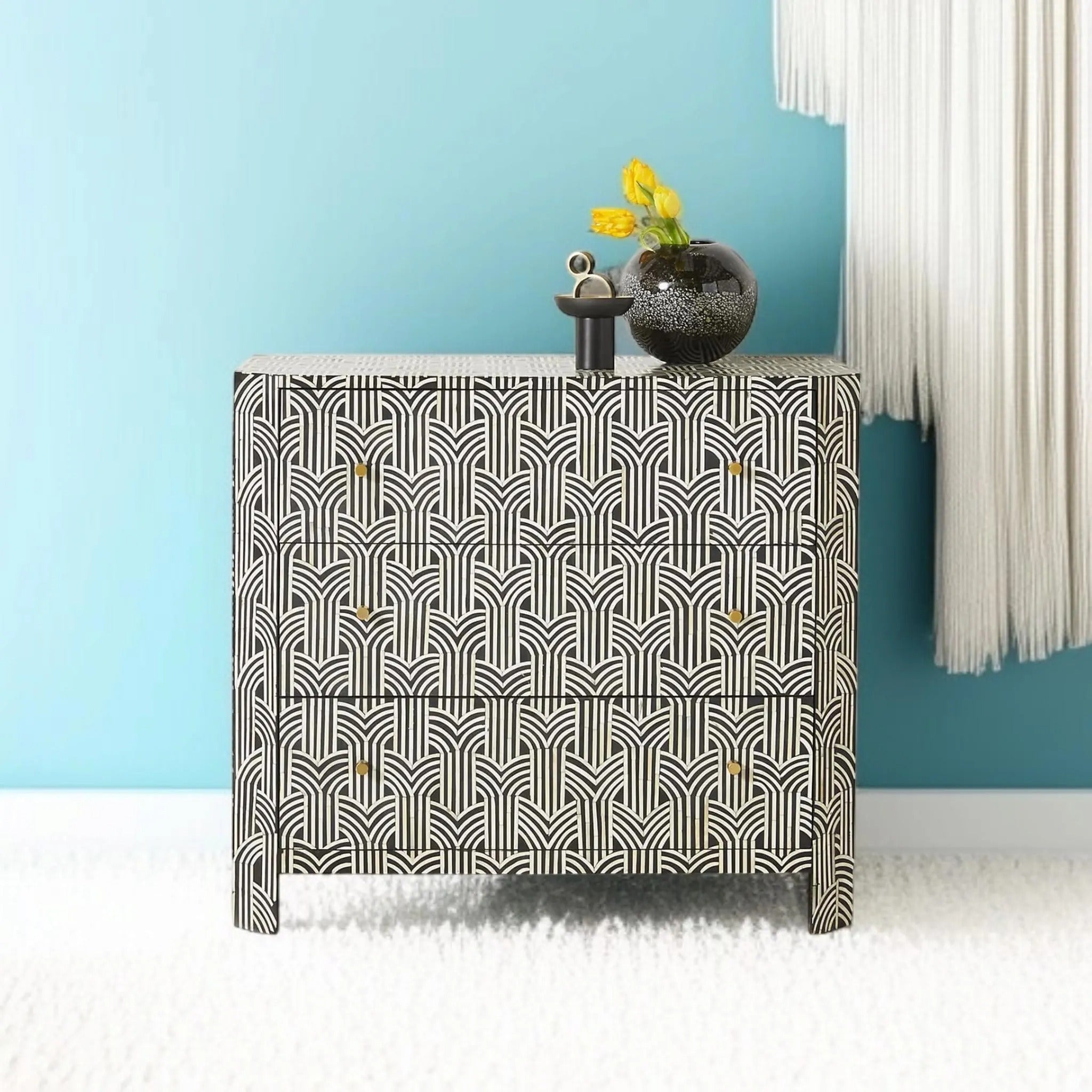 Bone Inlay Dresser | Modern Geometric 3-Drawer Chest | Handmade Designer Storage Cabinet for Bedroom & Living Room