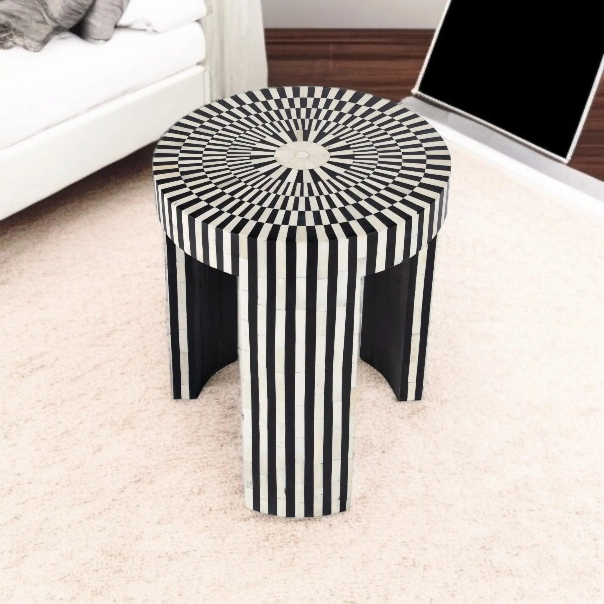 Handcrafted Bone Inlay Round End Table | Boho Side Table for Living Room & Bedroom | Luxury Indian Handmade Furniture