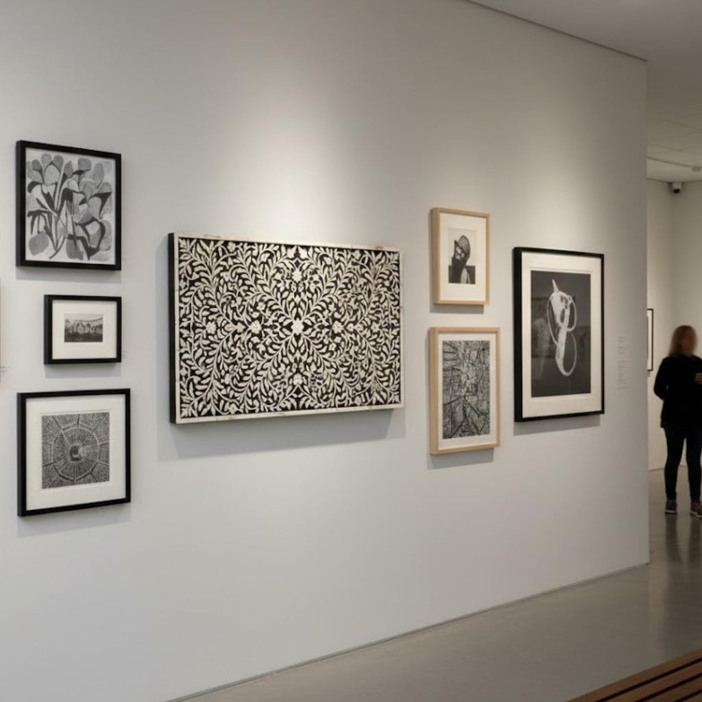 Handmade Bone Inlay Floral Wall Art Panel | Black & White Mandala Design | Decorative Resin Wall Hanging for Living Room, Bedroom & Hallway