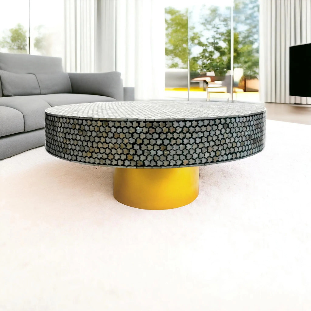 Round MOP Inlay Coffee Table | Handmade Gold Accent Table for Home Décor | Elegant Mother of Pearl Inlay Center Table
