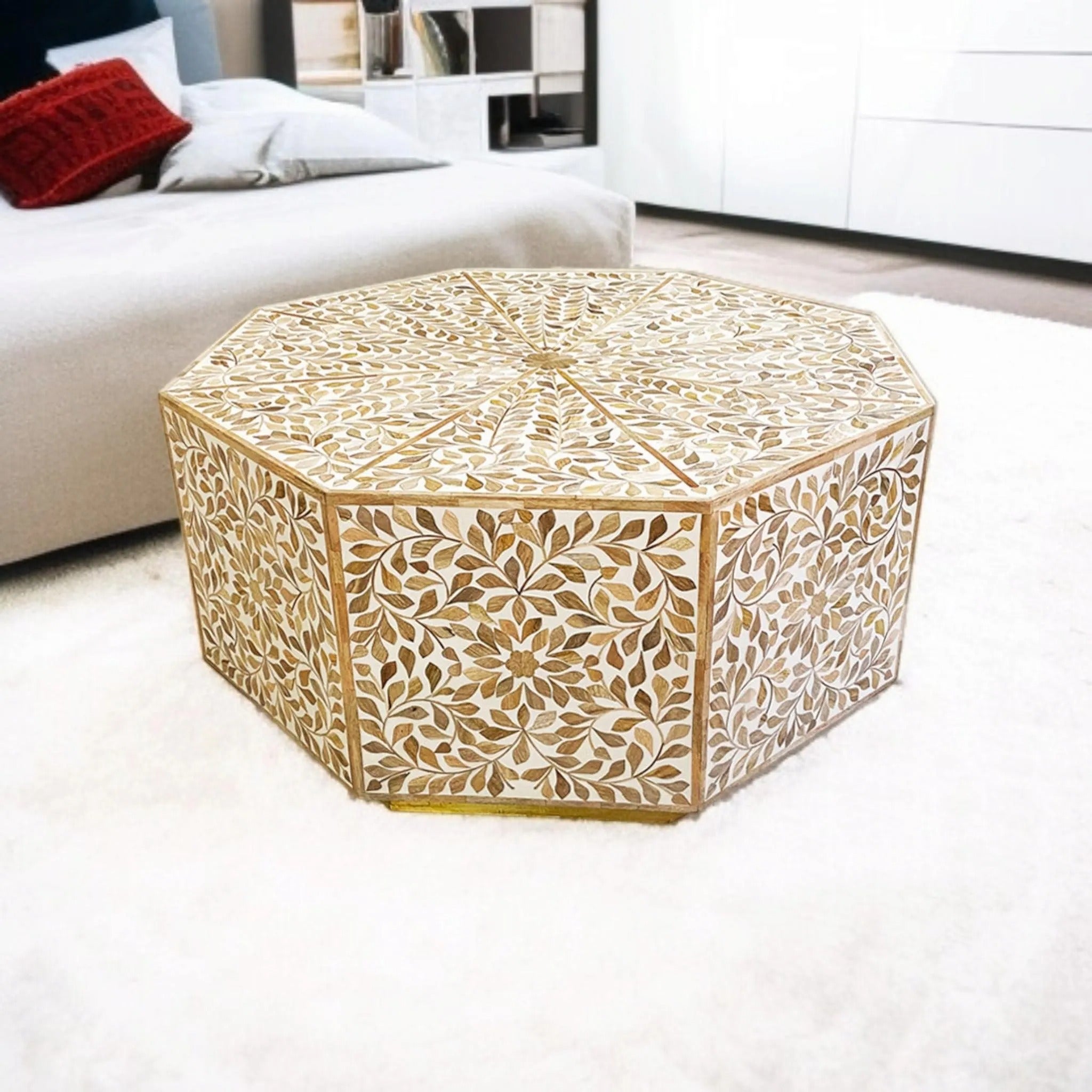 Wooden Leaf Inlay Resin Accent Table | Octagonal Designer Coffee Table for Home | Handcrafted Modern Resin Furniture Piece