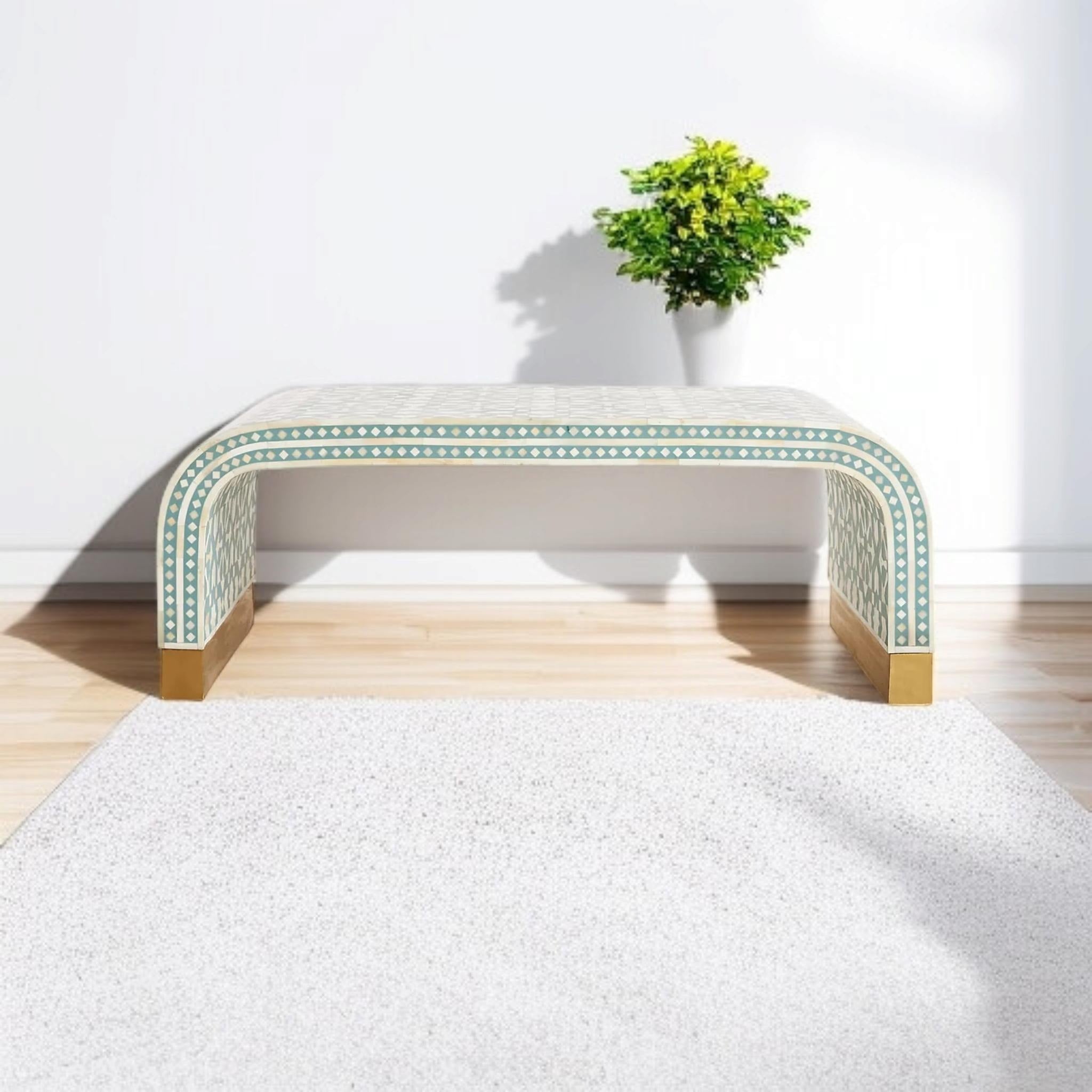 Moroccan Bone Inlay Coffee Table | Handmade U-Shape Resin Table for Boho Home Décor | Artistic Inlay Accent Furniture