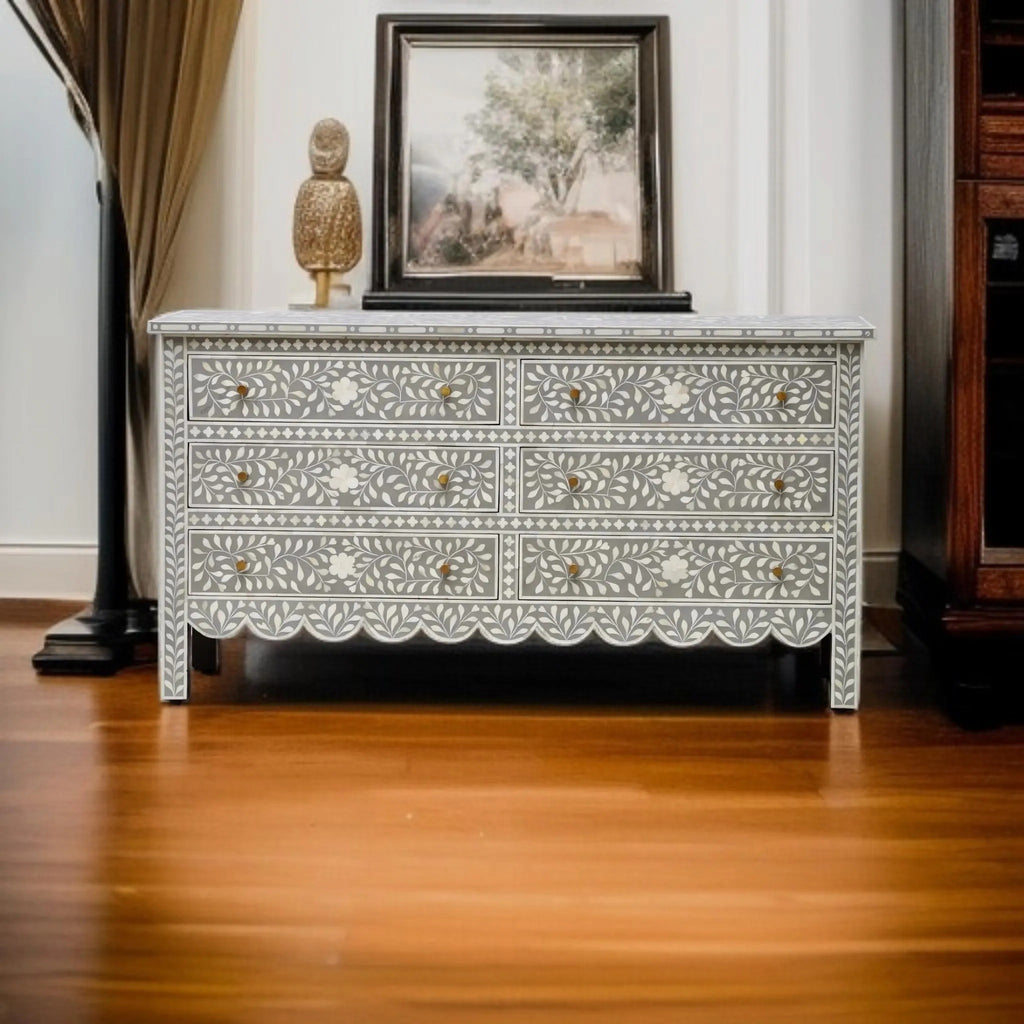 6-Drawer Bone Inlay Dresser | Boho Bedroom Storage Chest | Handmade Decorative Inlay Furniture for Modern Homes