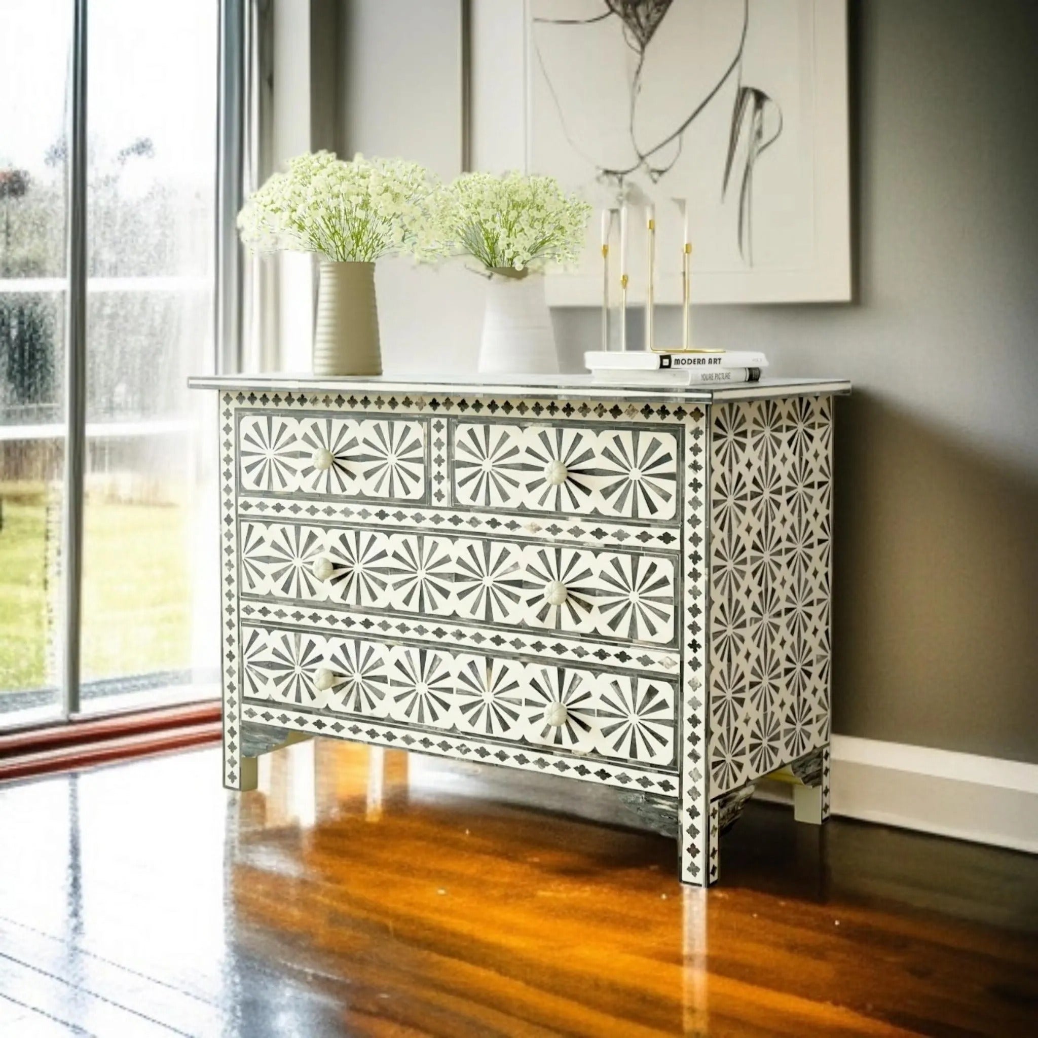 Floral Bone Inlay Dresser | Handmade Decorative Storage Chest for Bedroom & Living Room | Luxury Bone Inlay Furniture with Floral Design