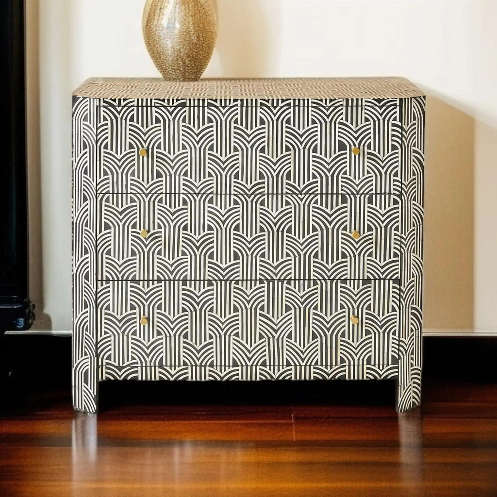 Bone Inlay Dresser | Modern Geometric 3-Drawer Chest | Handmade Designer Storage Cabinet for Bedroom & Living Room