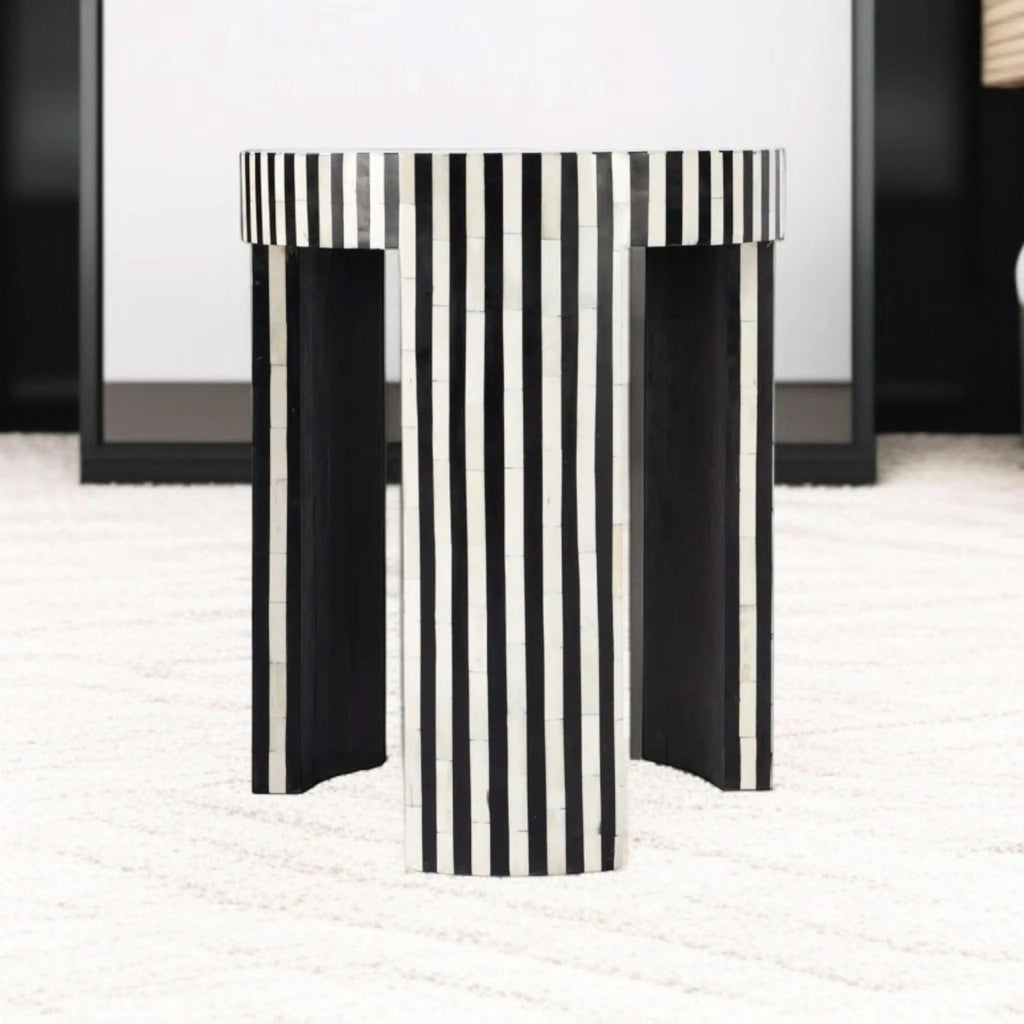 Handcrafted Bone Inlay Round End Table | Boho Side Table for Living Room & Bedroom | Luxury Indian Handmade Furniture