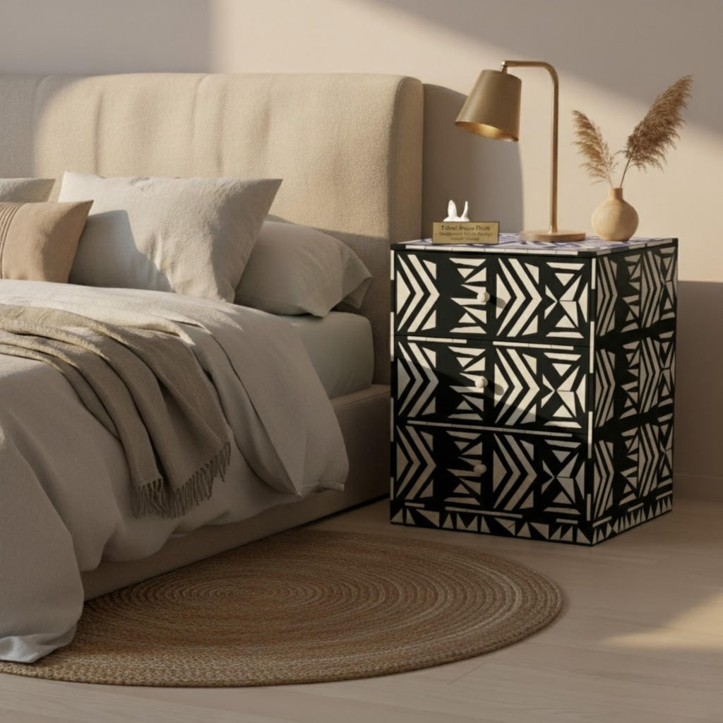 Black & White Tribal Bone Inlay Nightstand | Handmade Bedside Table | Elegant Accent Table for Bedroom & Living Room