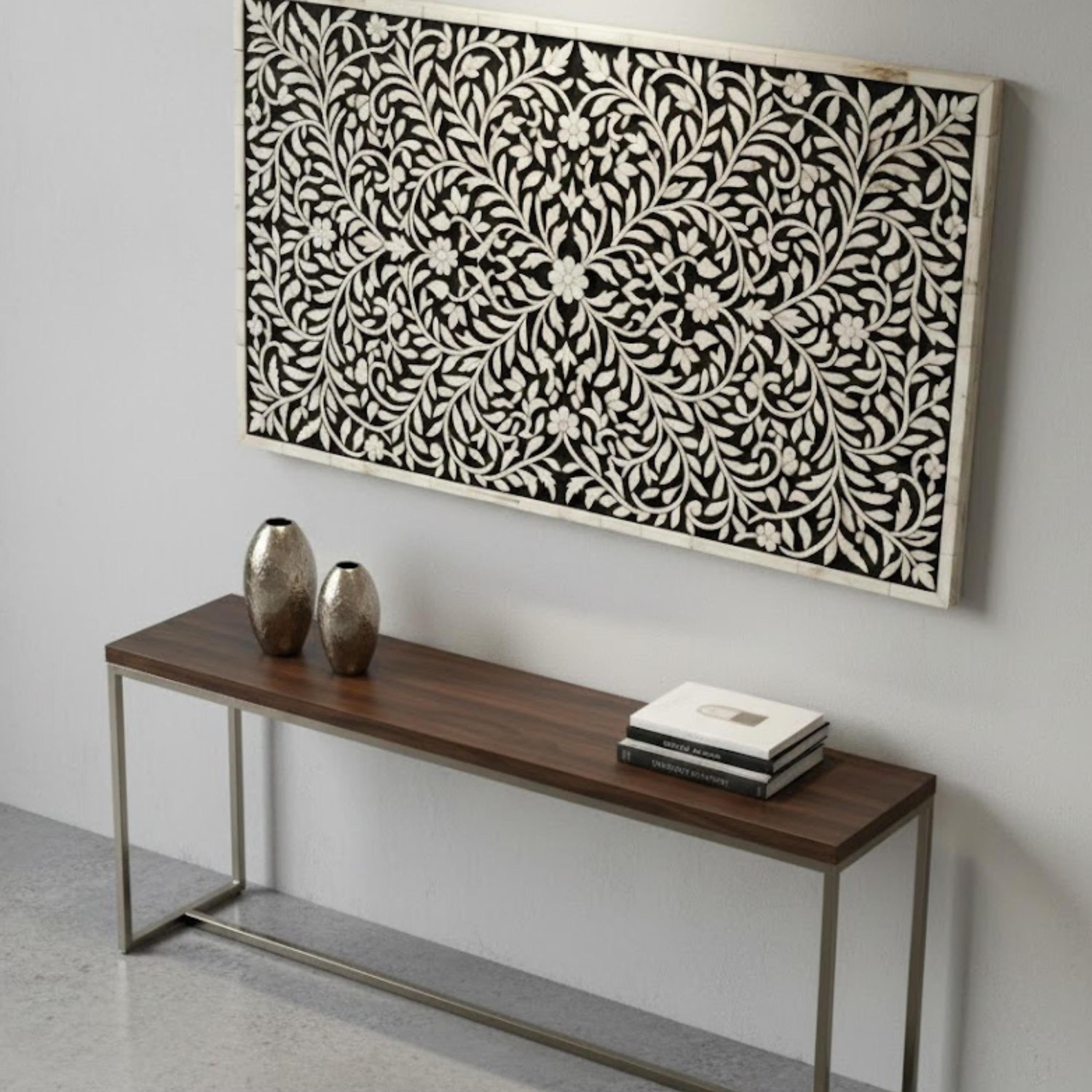 Handmade Bone Inlay Floral Wall Art Panel | Black & White Mandala Design | Decorative Resin Wall Hanging for Living Room, Bedroom & Hallway