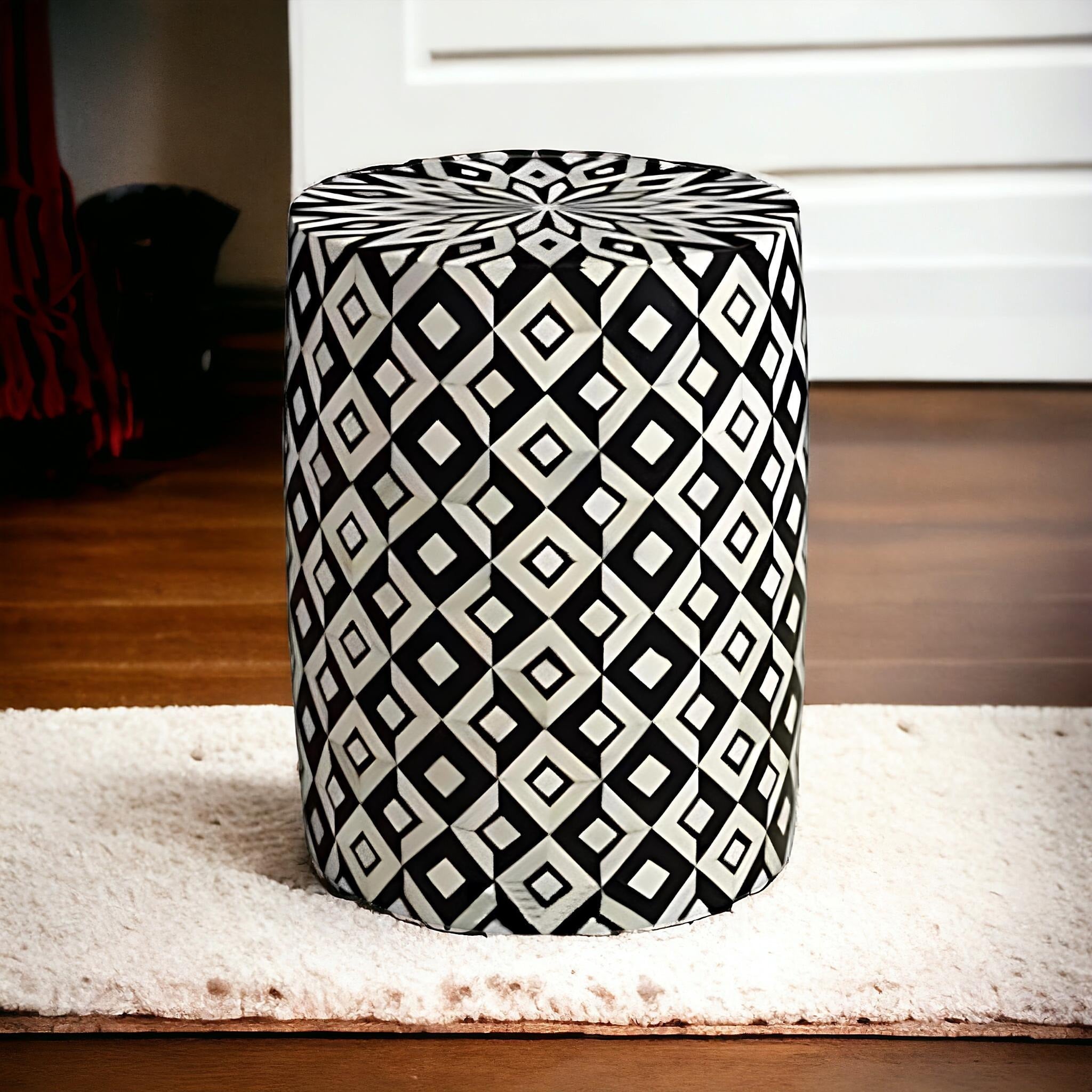 Geometric Resin Bone Inlay End Table | Handmade Decorative Accent Table | Elegant Side Table for Bedroom & Living Room