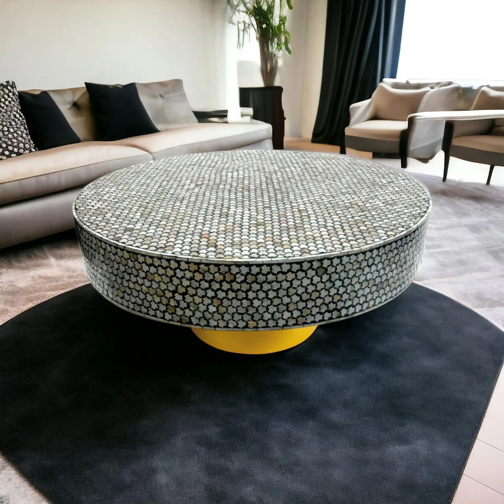 Round MOP Inlay Coffee Table | Handmade Gold Accent Table for Home Décor | Elegant Mother of Pearl Inlay Center Table