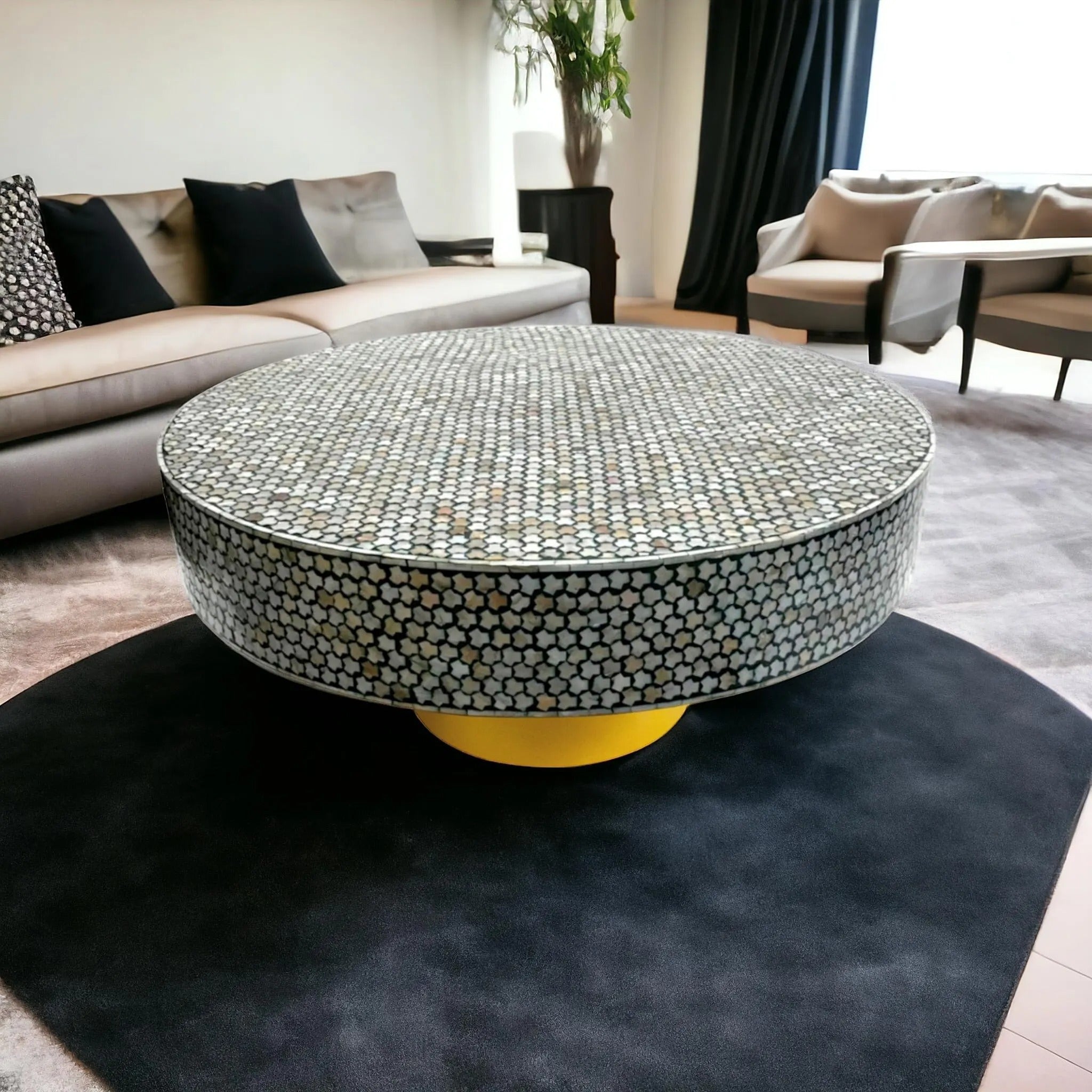 Round MOP Inlay Coffee Table | Handmade Gold Accent Table for Home Décor | Elegant Mother of Pearl Inlay Center Table