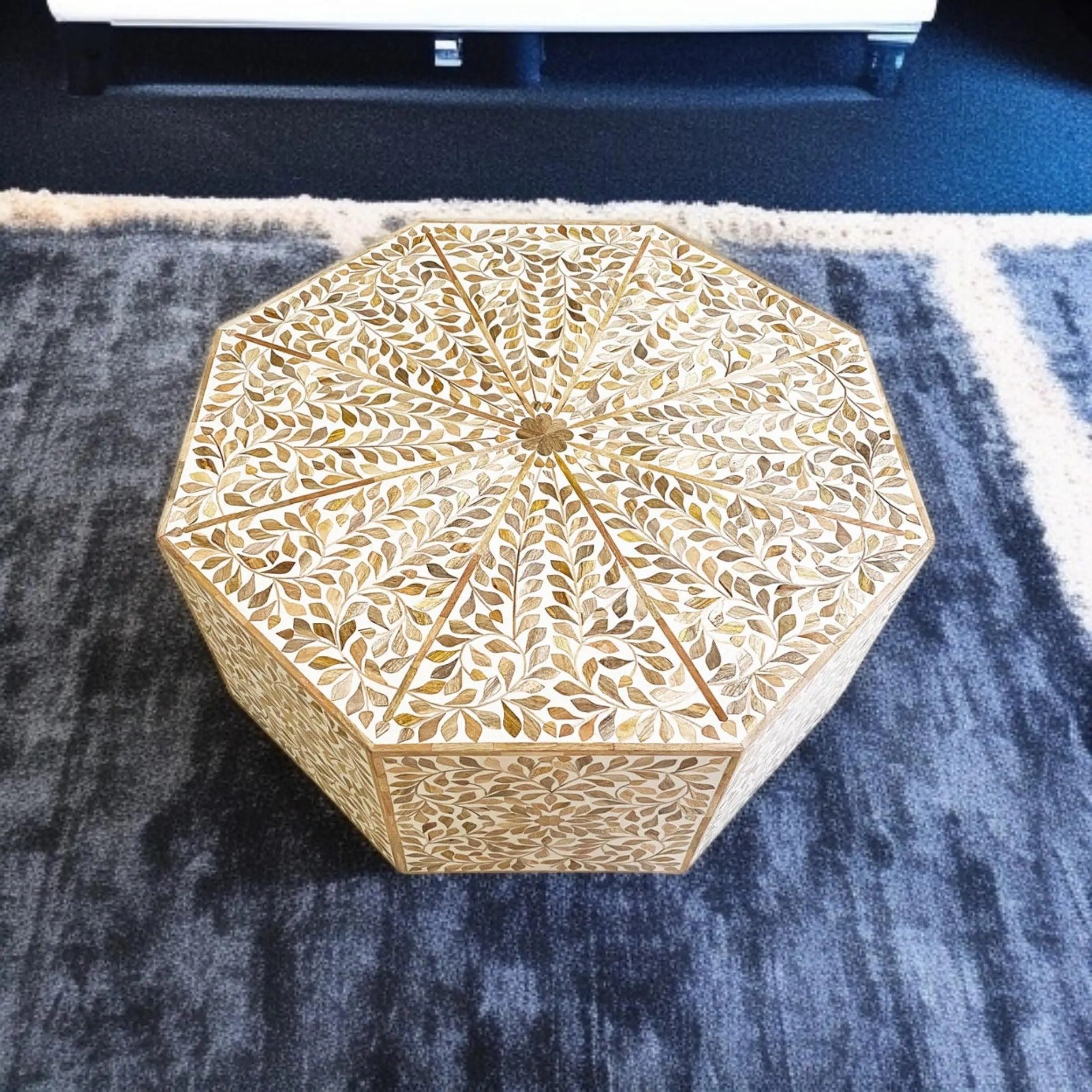 Wooden Leaf Inlay Resin Accent Table | Octagonal Designer Coffee Table for Home | Handcrafted Modern Resin Furniture Piece