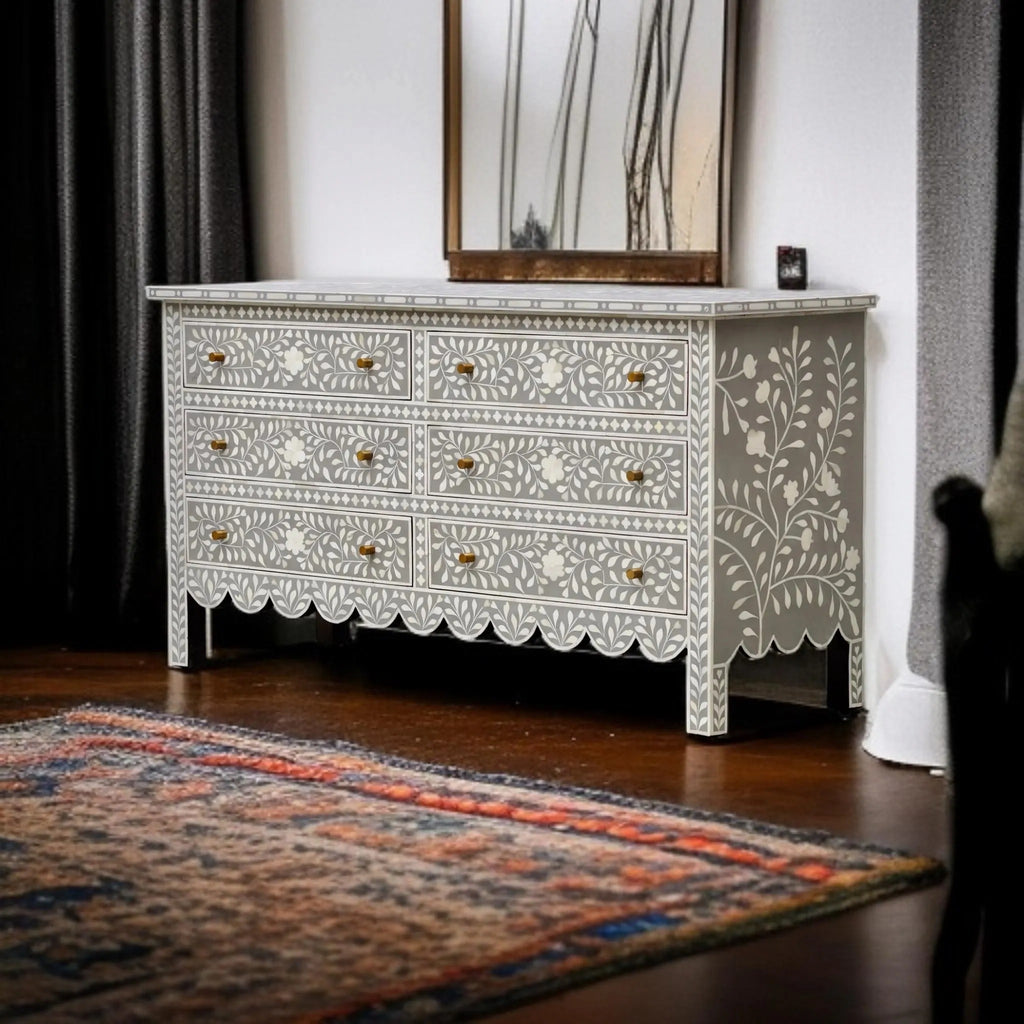 6-Drawer Bone Inlay Dresser | Boho Bedroom Storage Chest | Handmade Decorative Inlay Furniture for Modern Homes