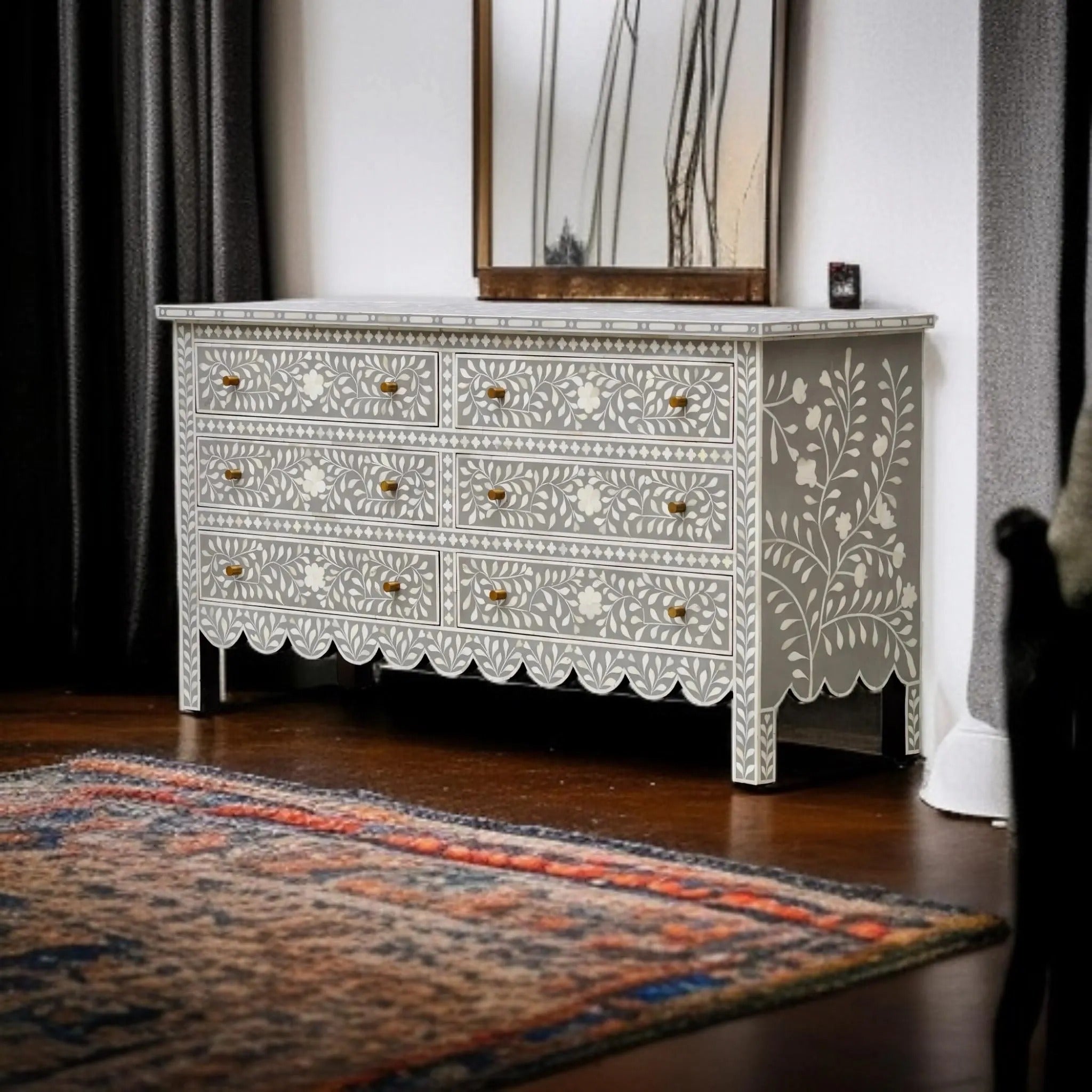 6-Drawer Bone Inlay Dresser | Boho Bedroom Storage Chest | Handmade Decorative Inlay Furniture for Modern Homes