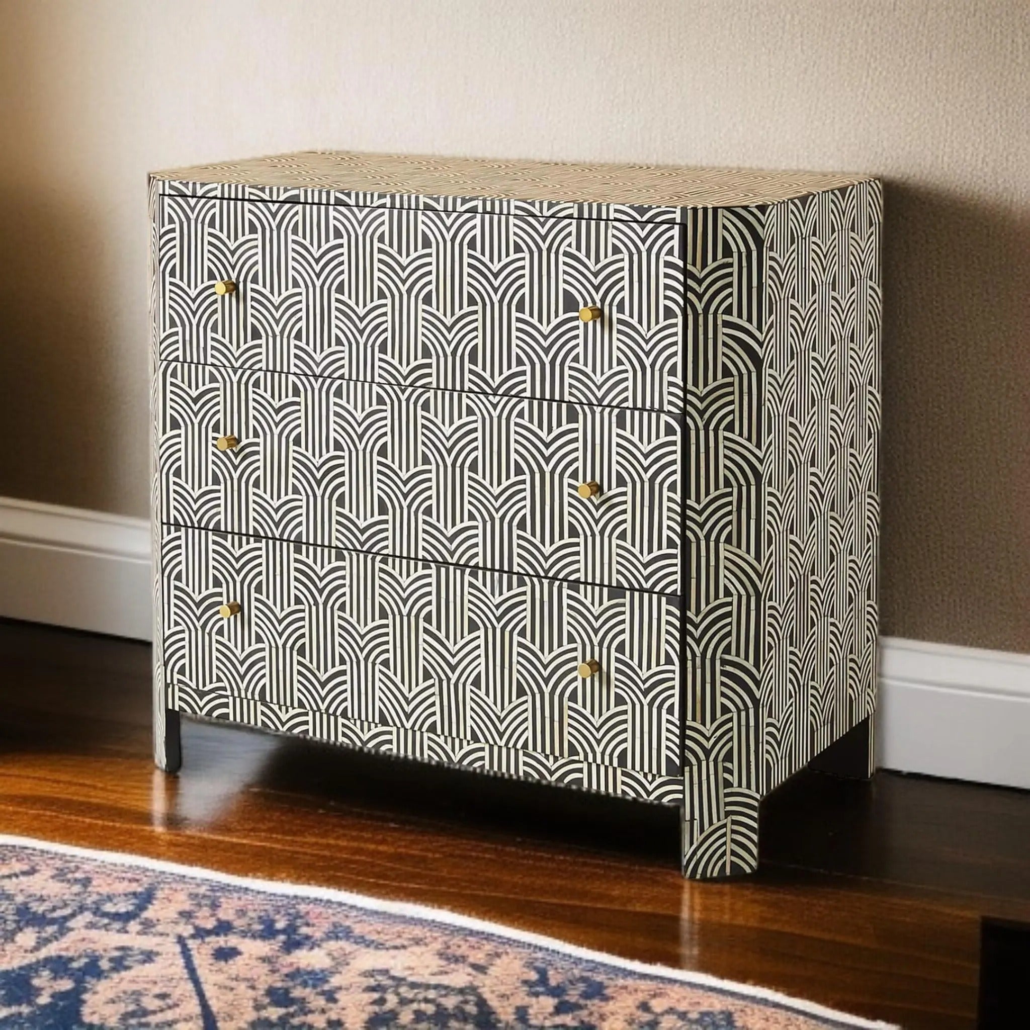 Bone Inlay Dresser | Modern Geometric 3-Drawer Chest | Handmade Designer Storage Cabinet for Bedroom & Living Room