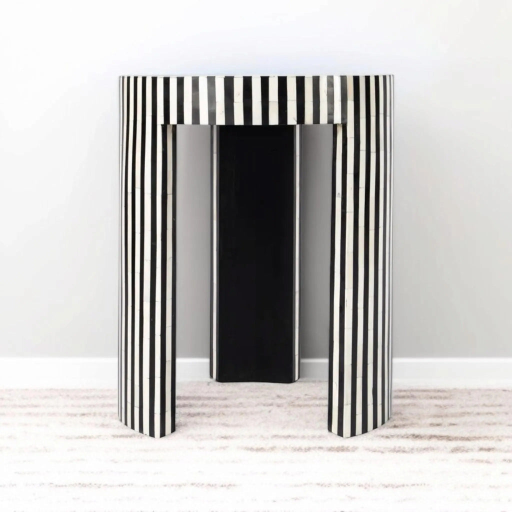 Handcrafted Bone Inlay Round End Table | Boho Side Table for Living Room & Bedroom | Luxury Indian Handmade Furniture