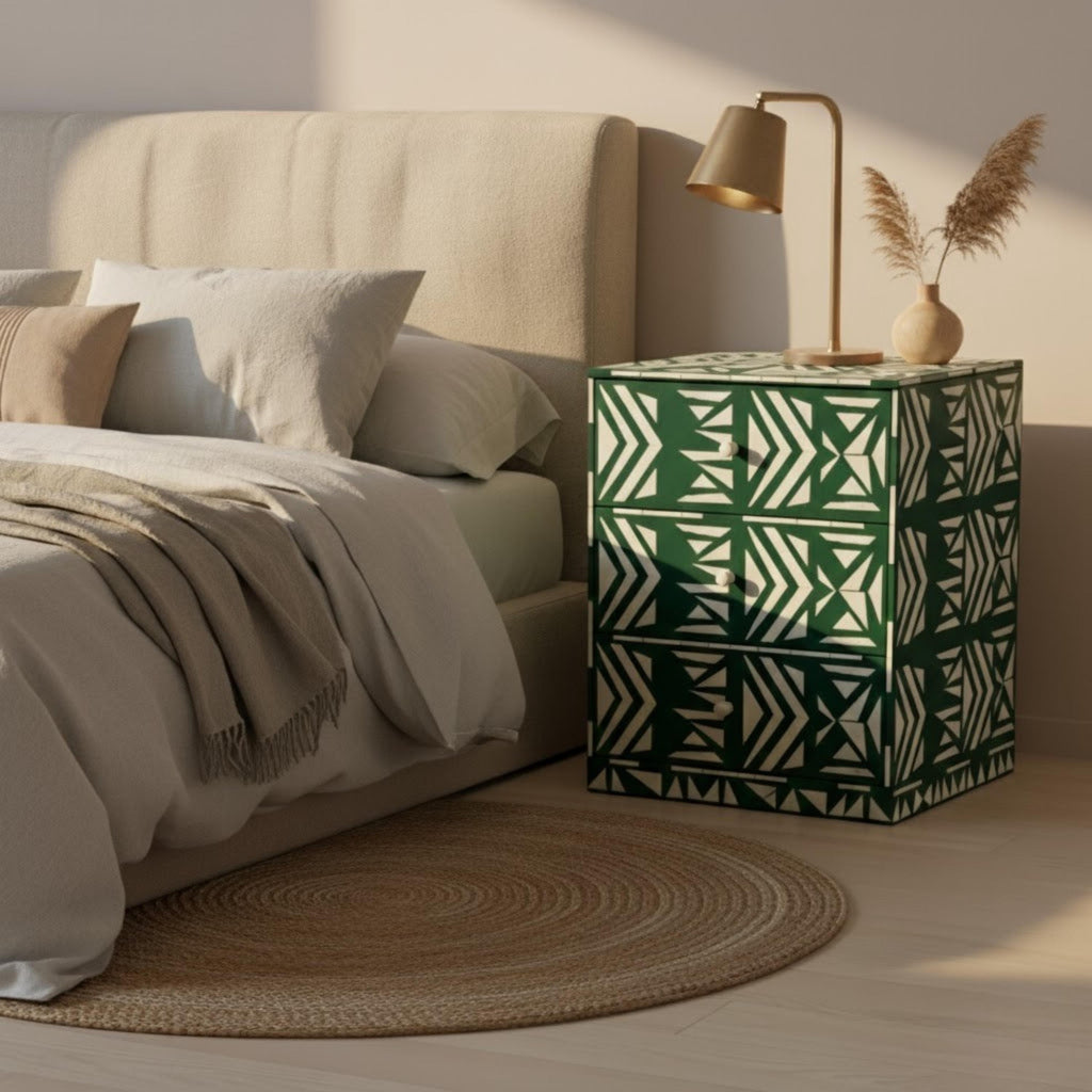 Black & White Tribal Bone Inlay Nightstand | Handmade Bedside Table | Elegant Accent Table for Bedroom & Living Room