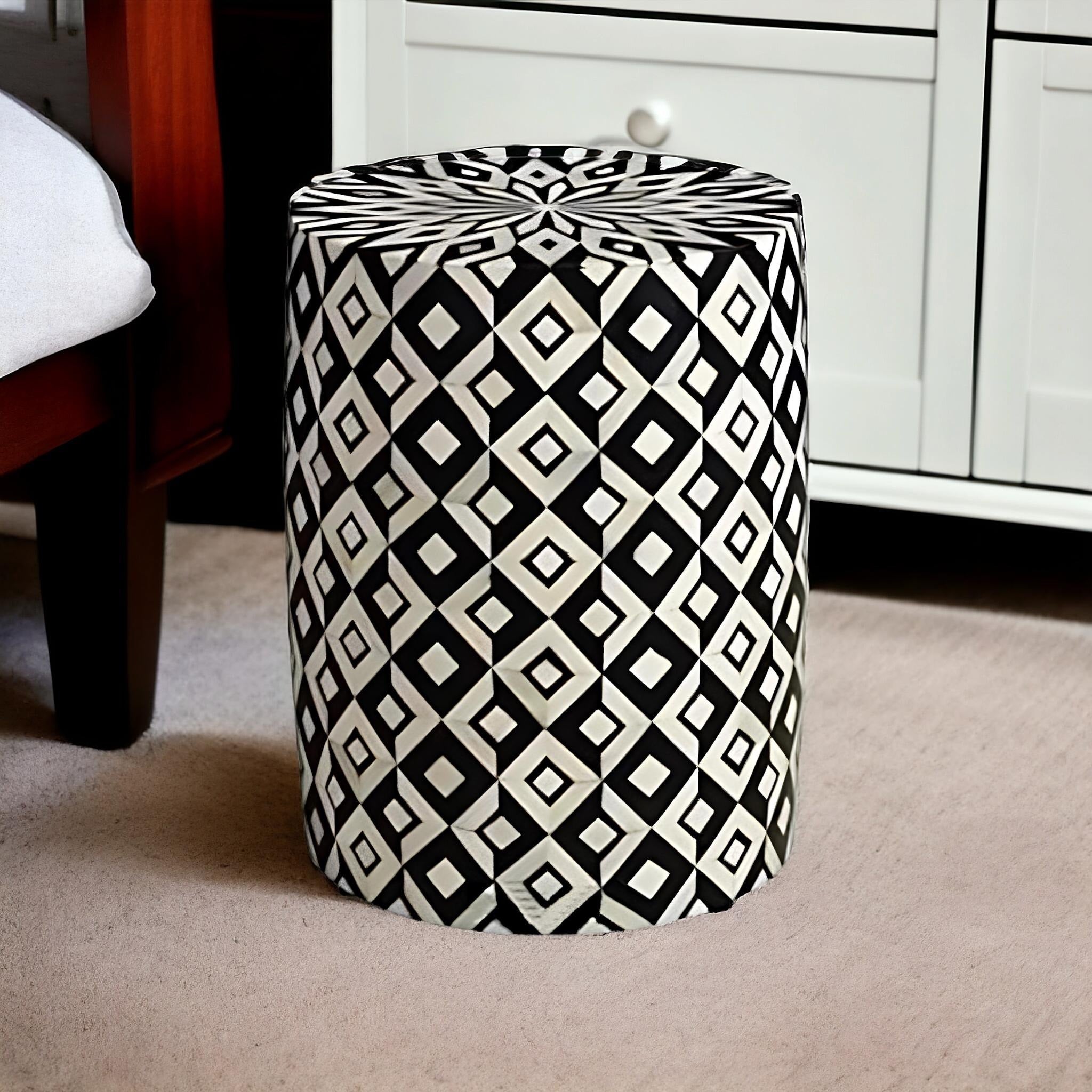 Geometric Resin Bone Inlay End Table | Handmade Decorative Accent Table | Elegant Side Table for Bedroom & Living Room