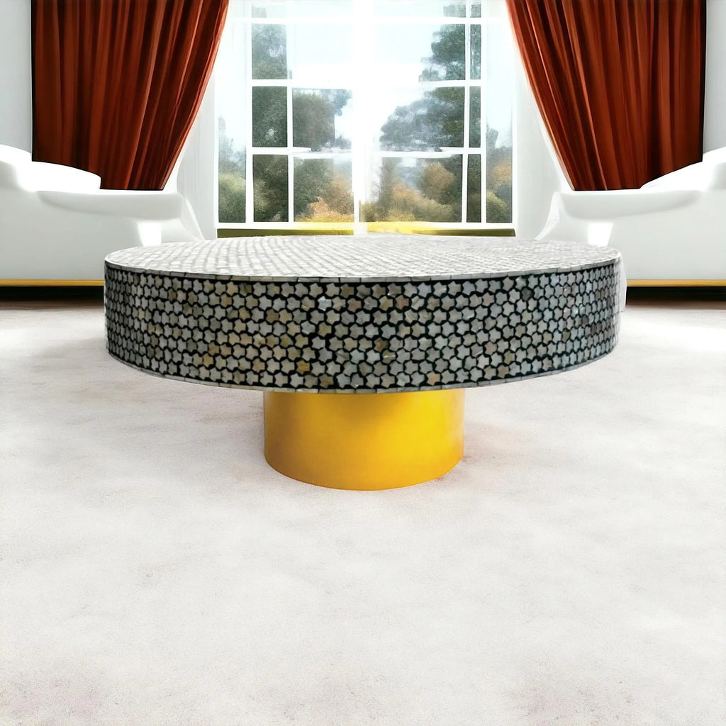 Round MOP Inlay Coffee Table | Handmade Gold Accent Table for Home Décor | Elegant Mother of Pearl Inlay Center Table