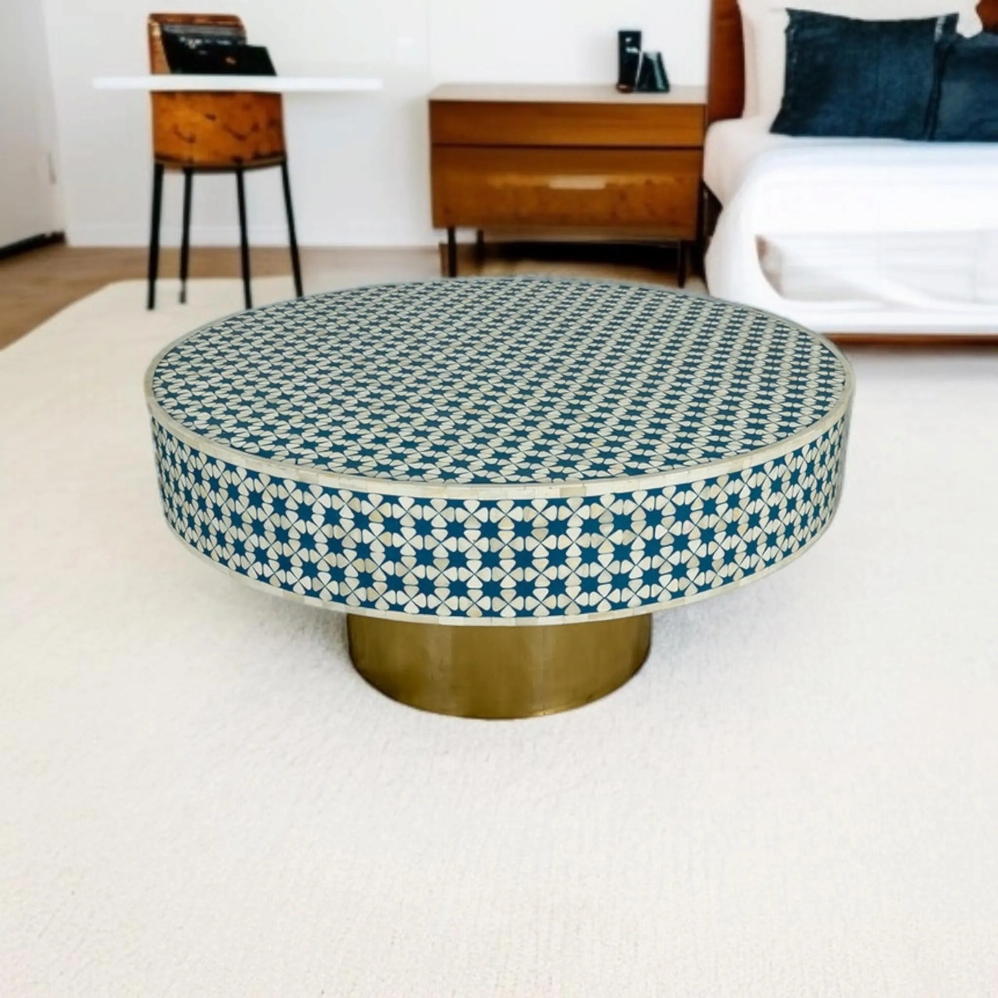 Handmade Bone Inlay Coffee Table | Blue & White Resin Design with Elegant Brass Base | Premium Decorative Center Table
