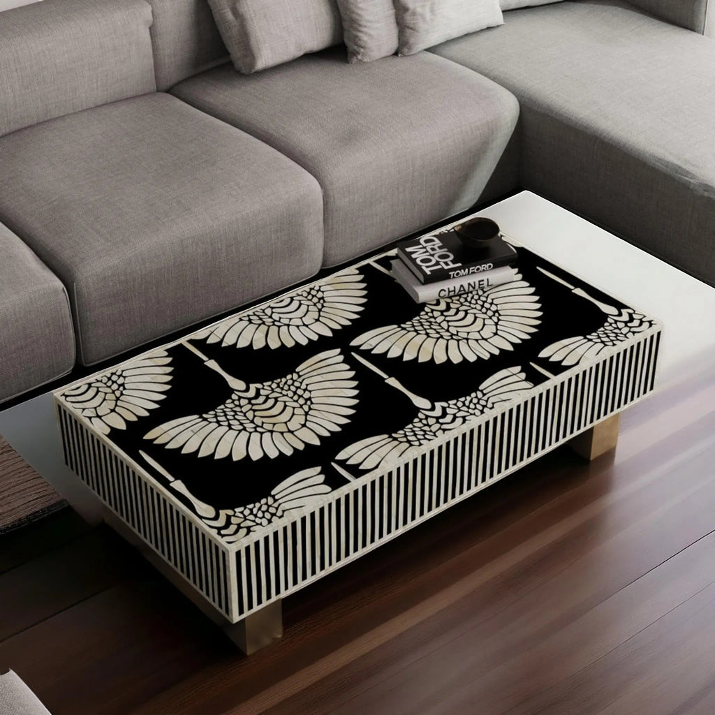 Handmade Resin Inlay Coffee Table | Crane Bird Motif Accent Table for Living Room | Artistic Decorative Resin Inlay Furniture